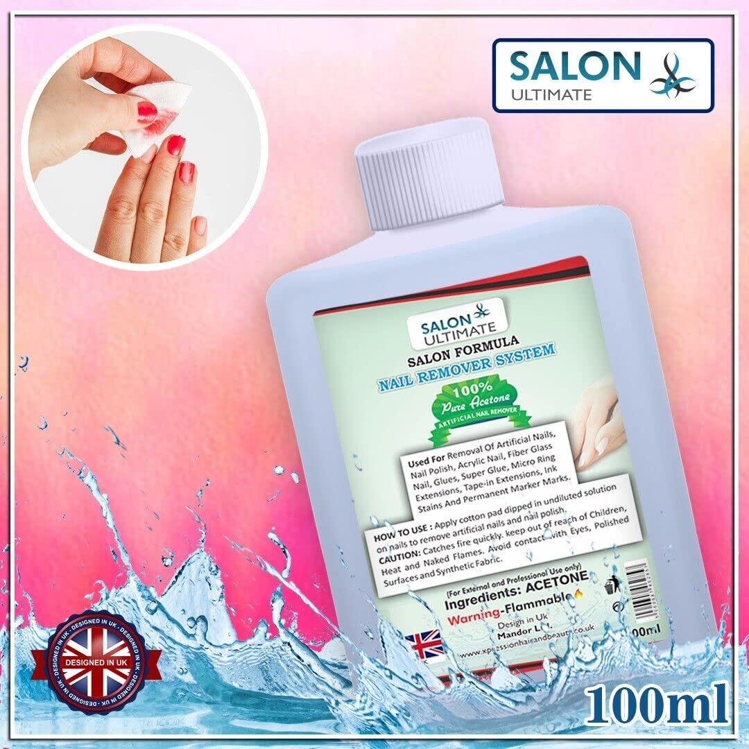SALON ULTIMATE Professional 100% Pure Acetone Nail Polish Remover - Fast Acting Formula for UV/LED Gel, Acrylic Nails, Tips & Glue (100ml, Transparent) | Perfect for Salon & Home Manicure/Pedicure Care