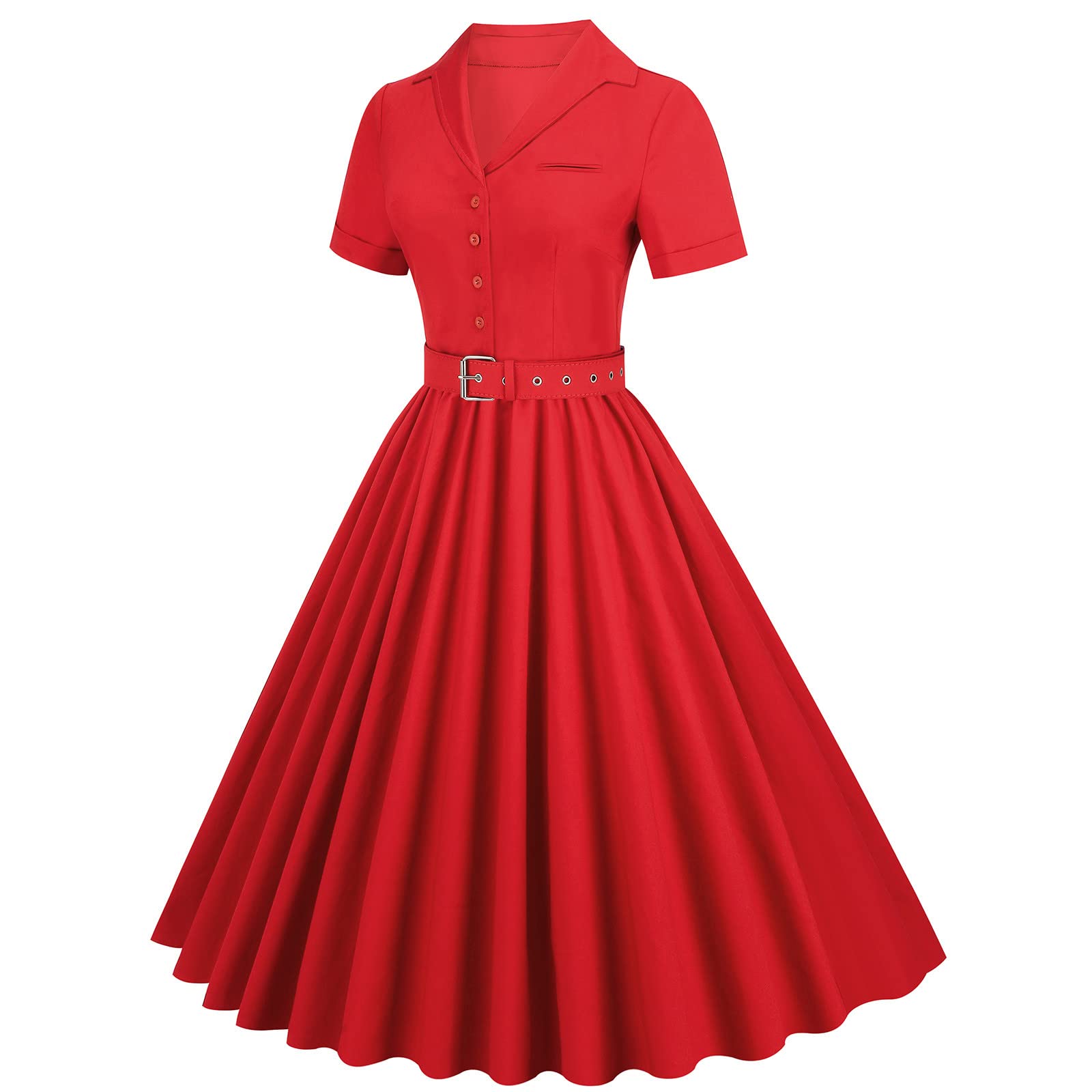 Vintage Women's Short Sleeve V-Neck Pleated Swing Dress with Belt - Elegant Solid Color Midi Cocktail Dress for Party, Wedding & Special Occasions