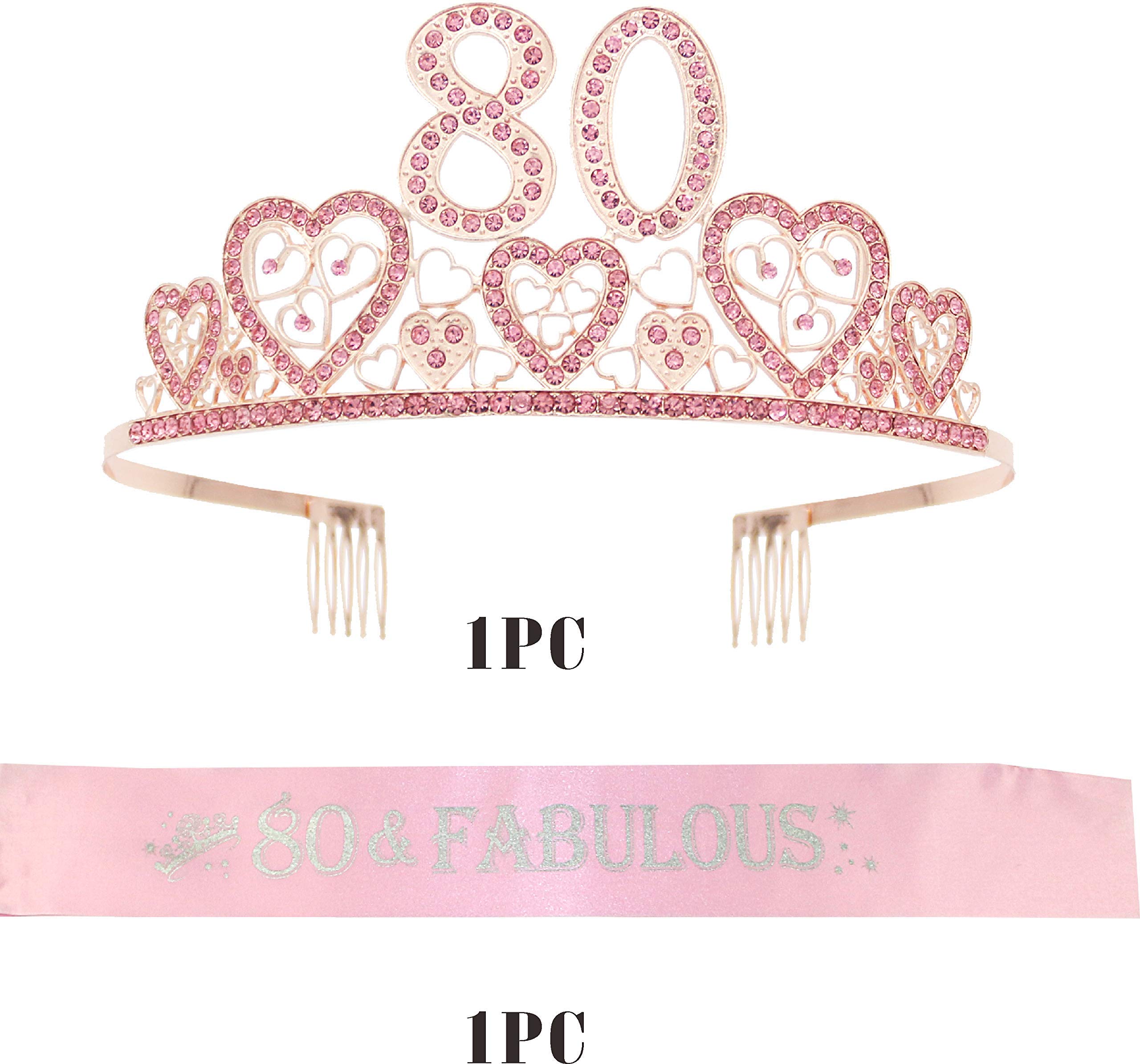 80th Birthday Sash and Tiara Set for Women - Glitter Sash with Rhinestone Hearts & Pink Metal Tiara | Perfect 80th Birthday Gift for Queen of Celebration | Great for Milestone Parties, Birthday Photos & Special Occasions