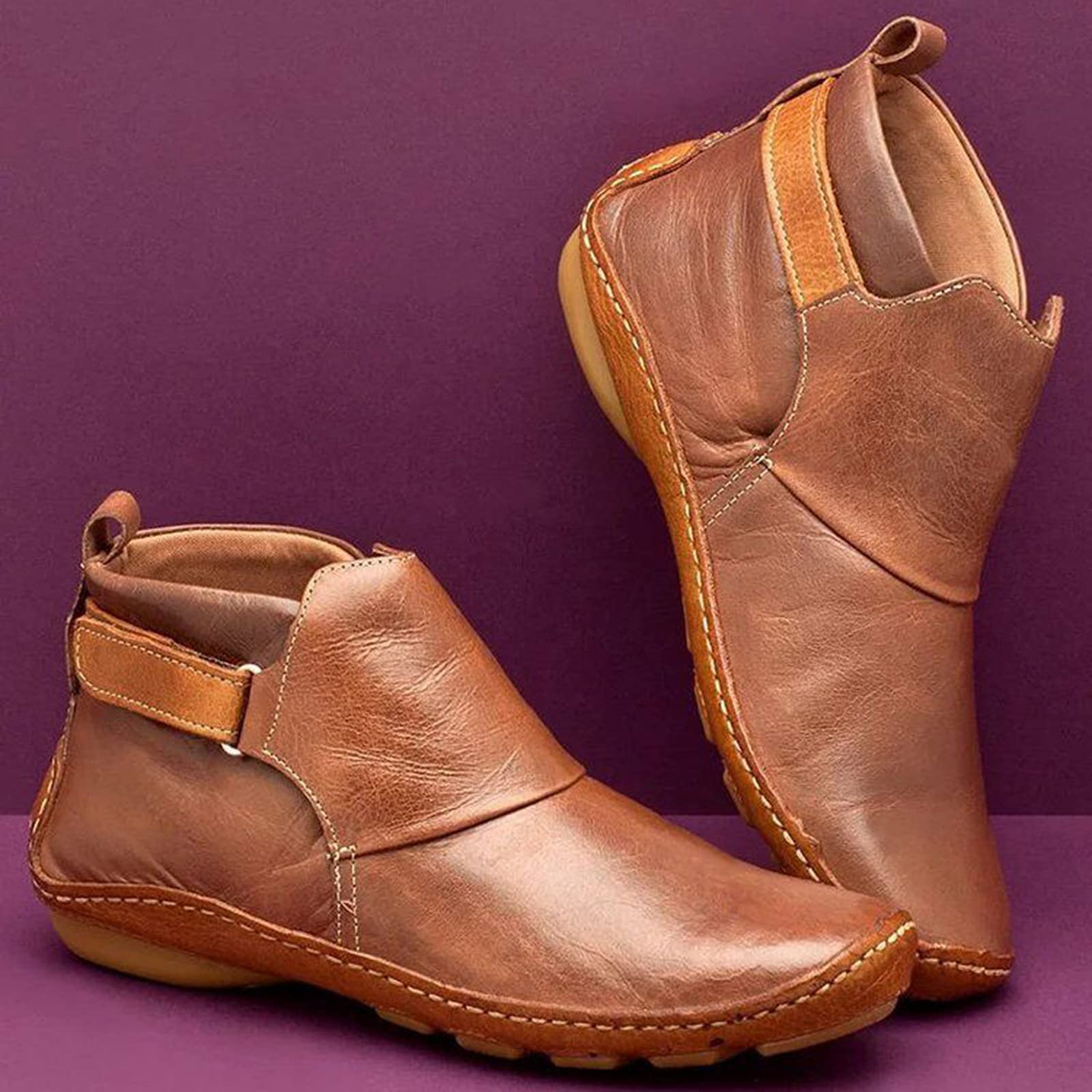 OiAnGi Women's Ankle Boots - Fashion Buckle Strap Round Toe Low Wedge Heel Booties for Casual Wear | Retro Comfortable Non-Slip Riding Shoes for Walking, Office & Daily Outfits