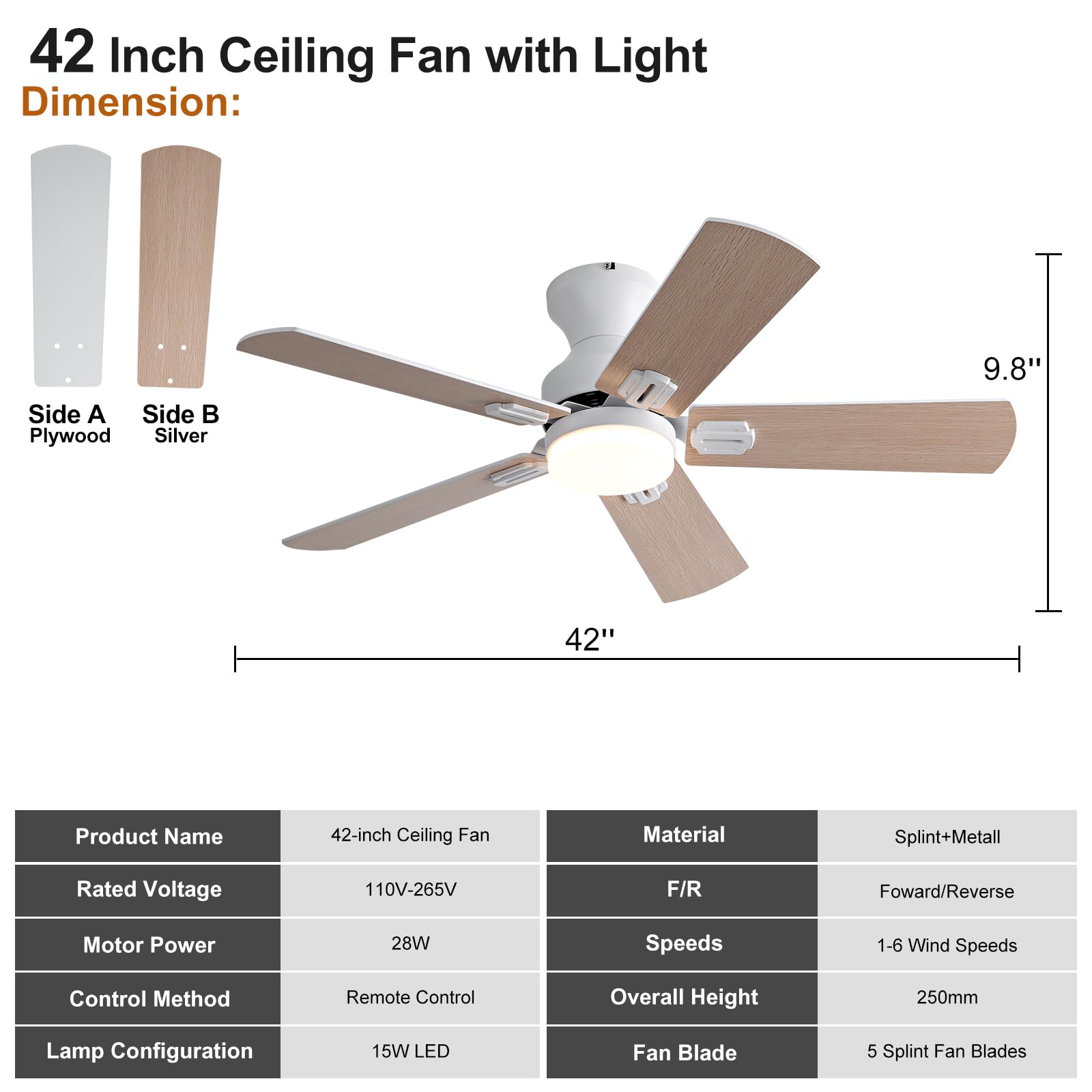 42 Inch Low Profile Flush Mount Ceiling Fan with Light and Remote - 5 Blade White Modern Ceiling Fan with 3CCT LED Light, Quiet Strong Motor - Perfect for Bedroom, Living Room, Kitchen and Office Spaces