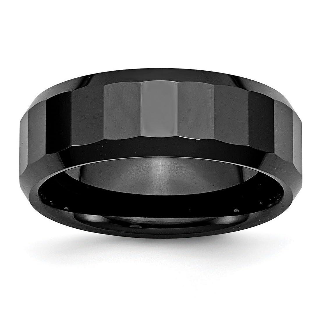 Engravable Black Ceramic Band Ring for Women - 8mm Polished Faceted Beveled Edge, Size 7 Jewelry | Perfect for Weddings, Anniversaries & Everyday Elegant Wear