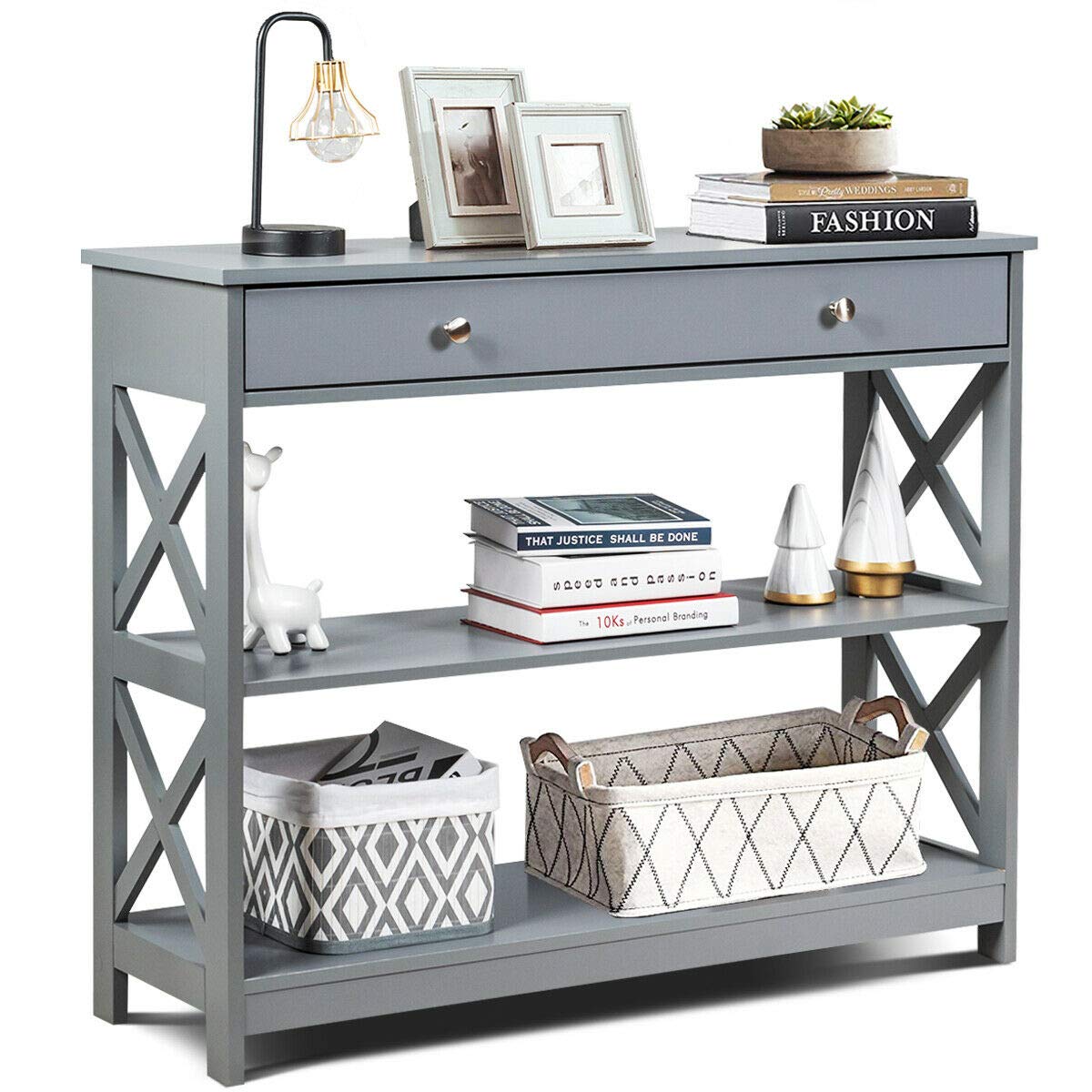 3-Tier Grey Entryway Console Table with Large Drawer & 2 Shelves - Hallway Sofa Side Table, TV Stand, Bookshelf - Spacious Storage for Books, Toys, Keys, Sunglasses & Photo Frames - Perfect for Living Room, Bedroom & Entryway Organization
