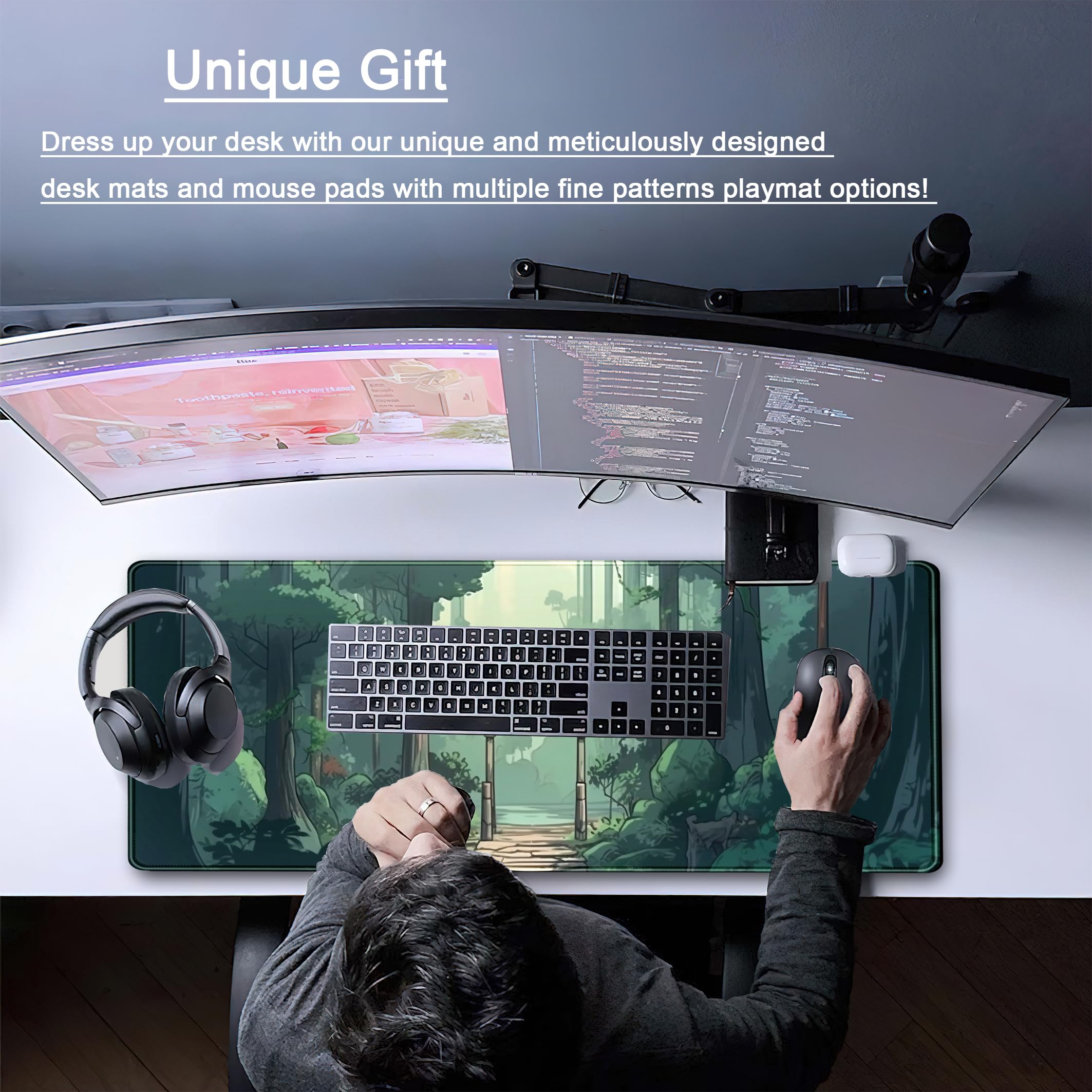 Japanese Green Forest Gaming Mouse Pad - XL Large Anime Tree Woodland Desk Mat for Office & Laptop, Cute Aesthetic Women's Computer Keyboard Mouse Mat with Stitched Edges (31.5''x11.8'') - Perfect for Gaming, Work & Home Office Decor