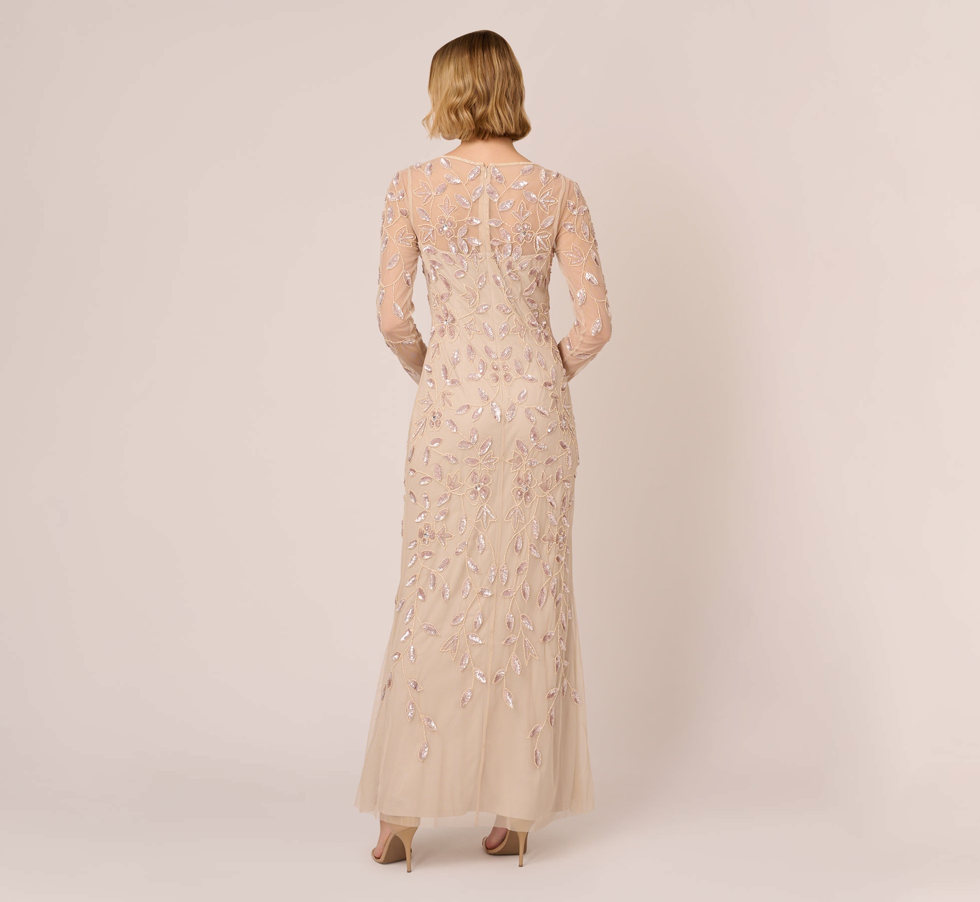 Elegant Illusion Floral Beaded Evening Gown with Sheer Long Sleeves in Latte - Perfect for Weddings, Prom, and Formal Events