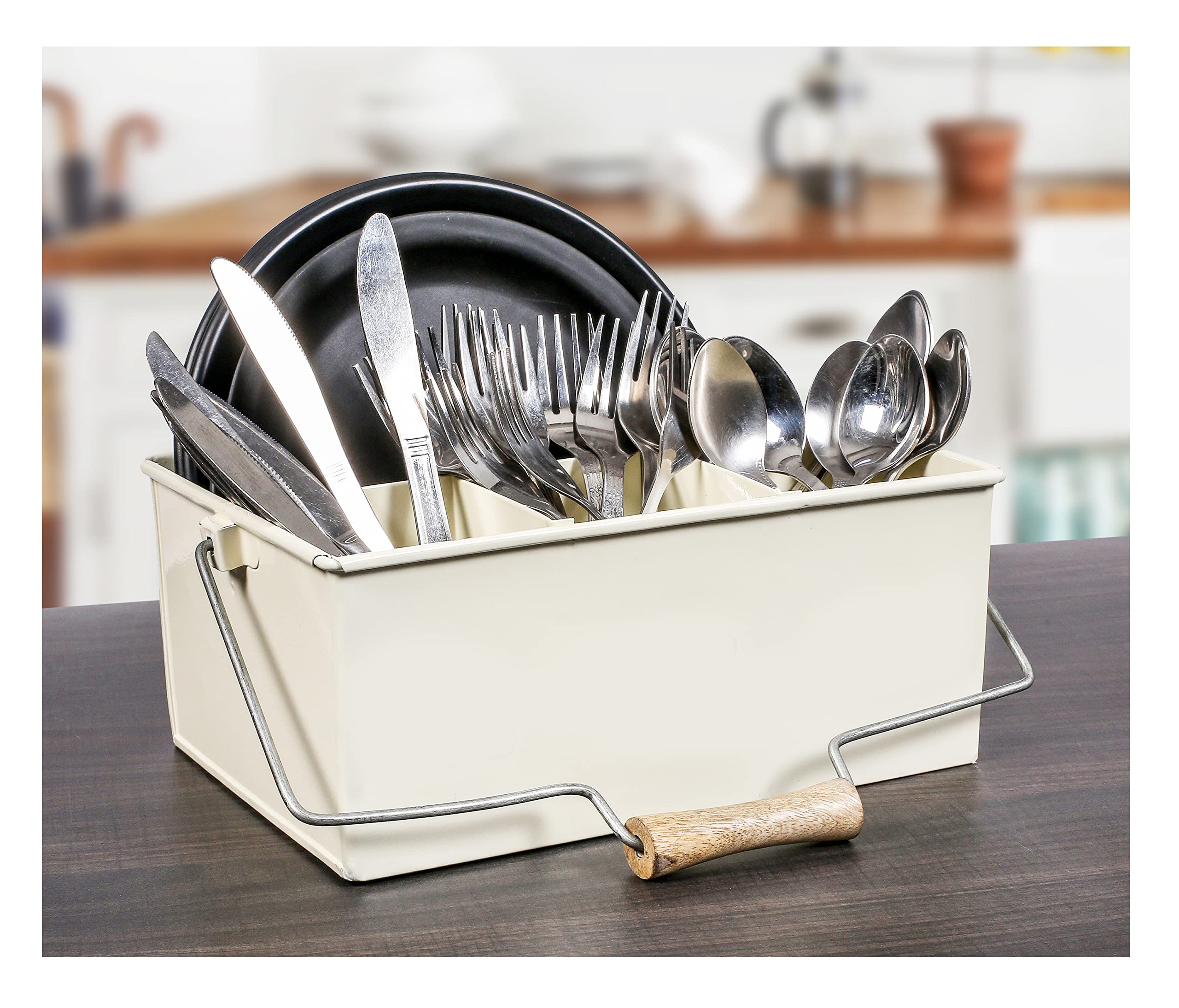 Rustic Galvanized Steel Utensil Organizer - Farmhouse Style Kitchen Caddy with Removable Handle | Multi-Compartment Storage for Cooking Tools, Picnic Supplies & Outdoor Entertaining | Perfect for Countertop, Camping & BBQ Parties