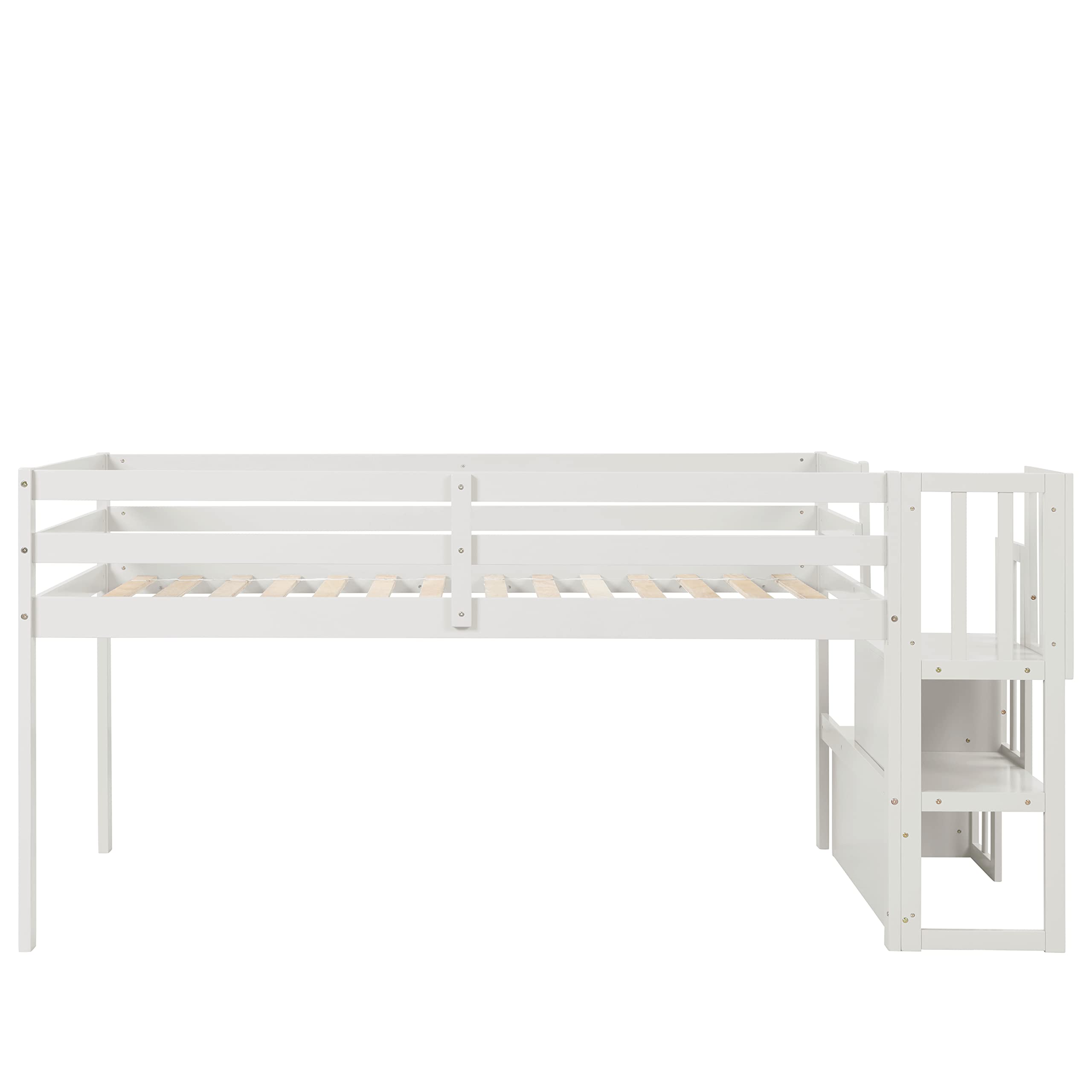 Harper & Bright Designs White Twin Size Low Loft Bed with Stairs & Storage - Sturdy Wooden Loft Bed Frame for Kids - Perfect for Small Bedrooms, Dorm Rooms & Kids' Sleepovers