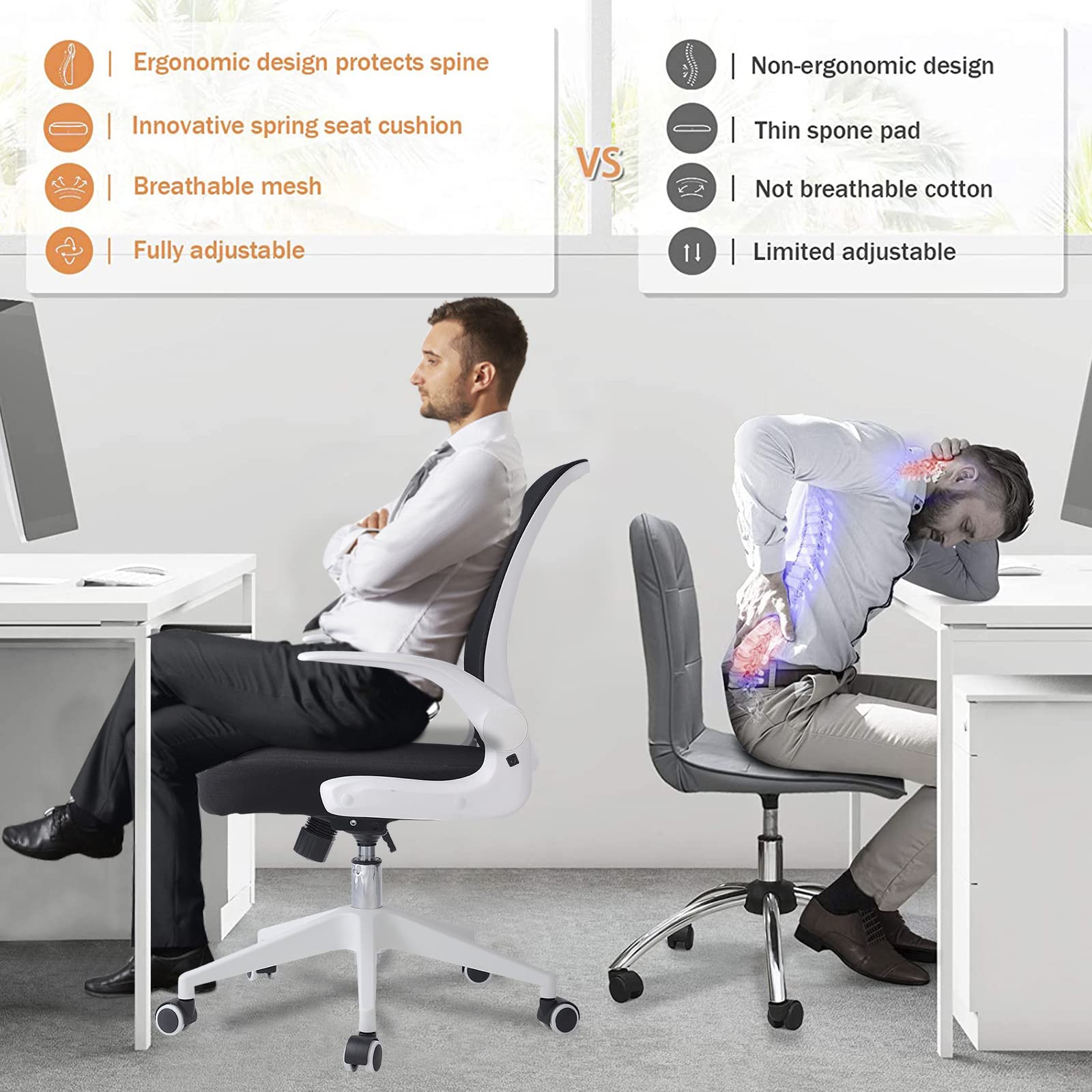 IPKIG Ergonomic Office Chair with Foldable Backrest & Flip-Up Arms - Breathable Mesh Mid Back Computer Desk Chair with Wheels for Home Office, Meeting Room, and Conference Use (White-A)