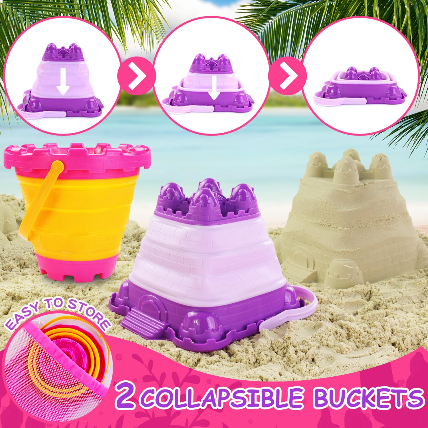 50Pcs Beach Sand Toys Set with 2 Collapsible Buckets, Mesh Backpack, Shovels & Sand Molds (Castle, Ice Cream, Cake) - Outdoor Travel Sandbox Toys for Kids Toddlers Girls - Perfect for Beach Trips, Backyard Play & Summer Activities