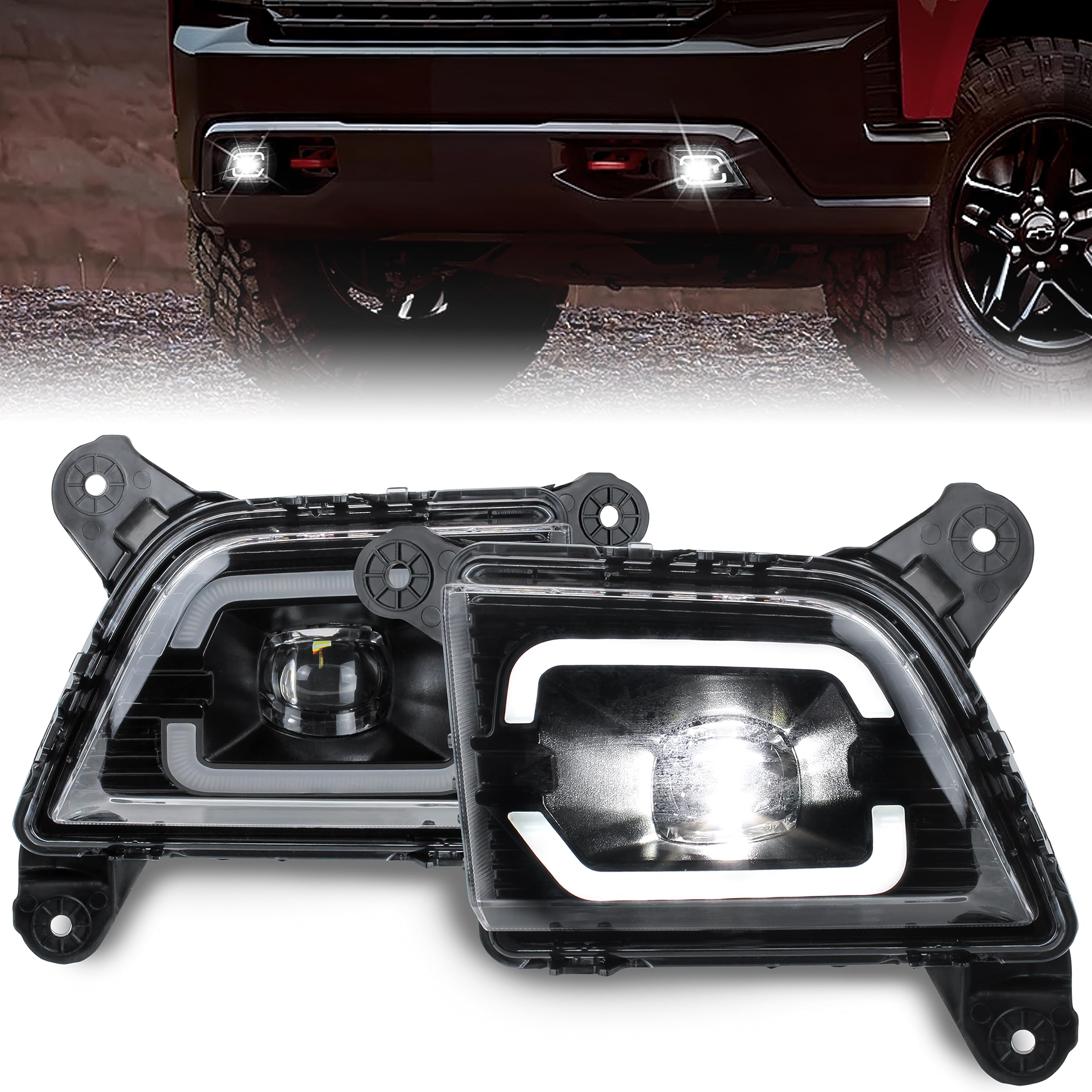 KEWISAUTO LED Fog Lights & Daytime Running Lights (DRL) for Chevy Silverado 1500 2019-2022, 2500HD & 3500HD 2020-2022 - Bumper Driving Fog Lamps Accessories (2PCS) - Perfect for Off-Roading, Night Driving & Enhanced Visibility