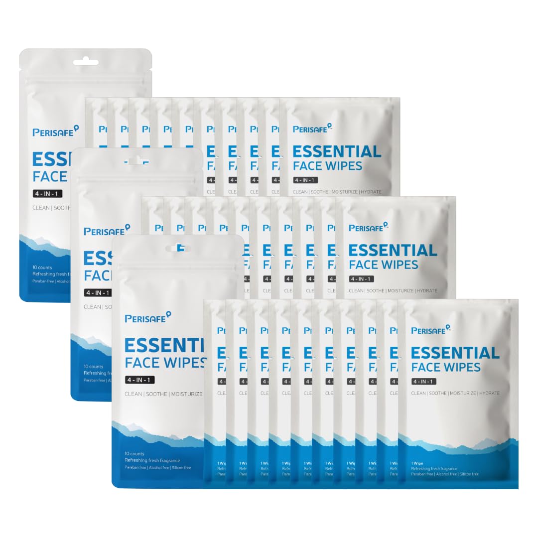 PERISAFE Essential Face Wipes - 4-IN-1 pH Balanced Cleansing Wipes for Sensitive Skin | Alcohol-Free, Paraben-Free, Silicone-Free | Individually Wrapped Travel Pack of 30 | Perfect for Gym, Travel & On-the-Go Skincare