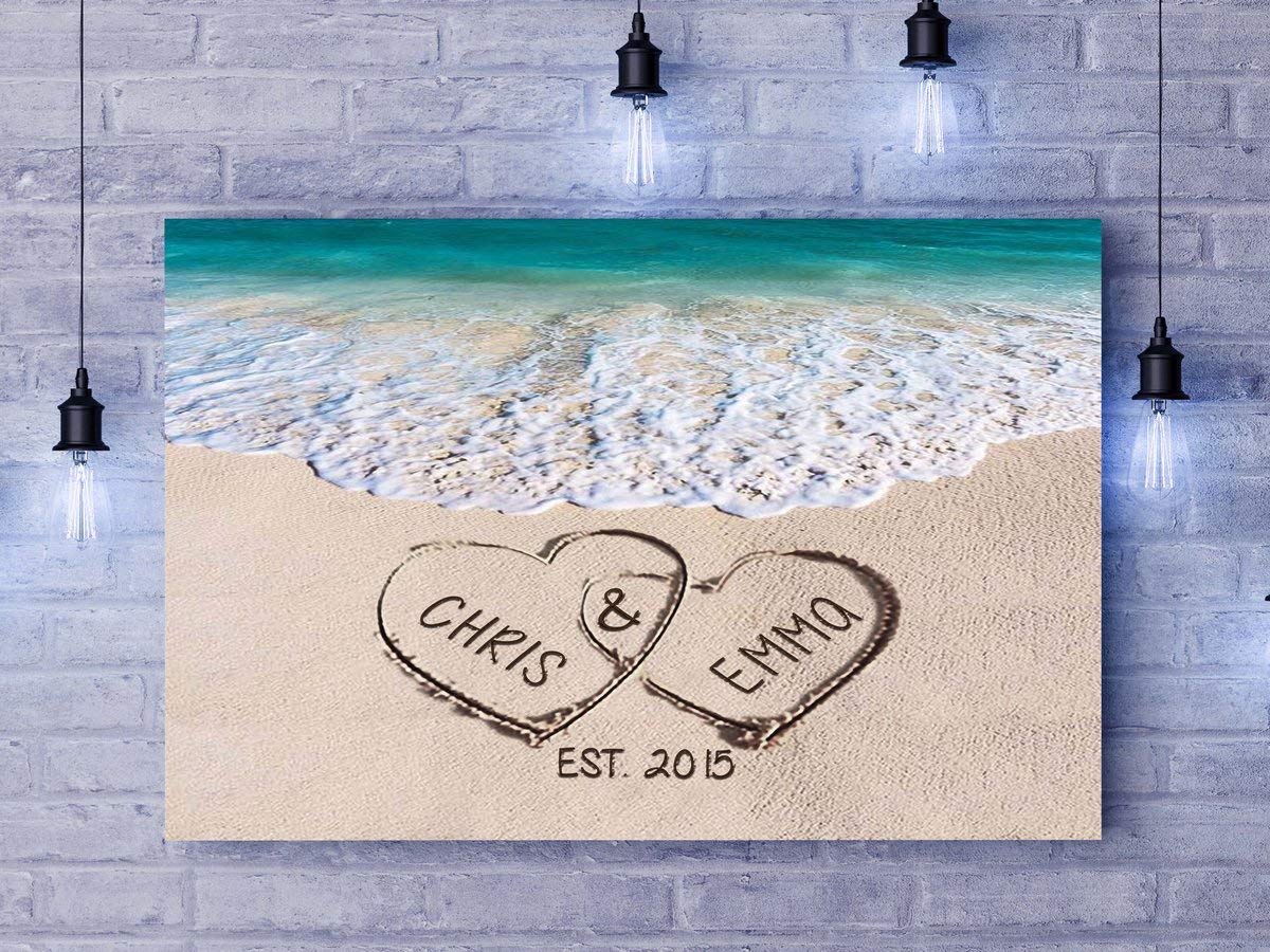 Personalized Love On Beach Canvas Print - Custom Two Hearts Wall Art for Couples, Wedding Gift, Anniversary Present - Perfect for Home Decor, Bedroom, Living Room & Romantic Gifts