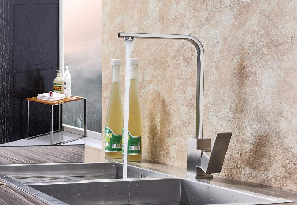 360° Rotating Brushed Nickel Kitchen Faucet - Single Lever Deck Mount Mixer Tap for Hot & Cold Water - Perfect for Modern Kitchens & Bathrooms (One Hole Installation)