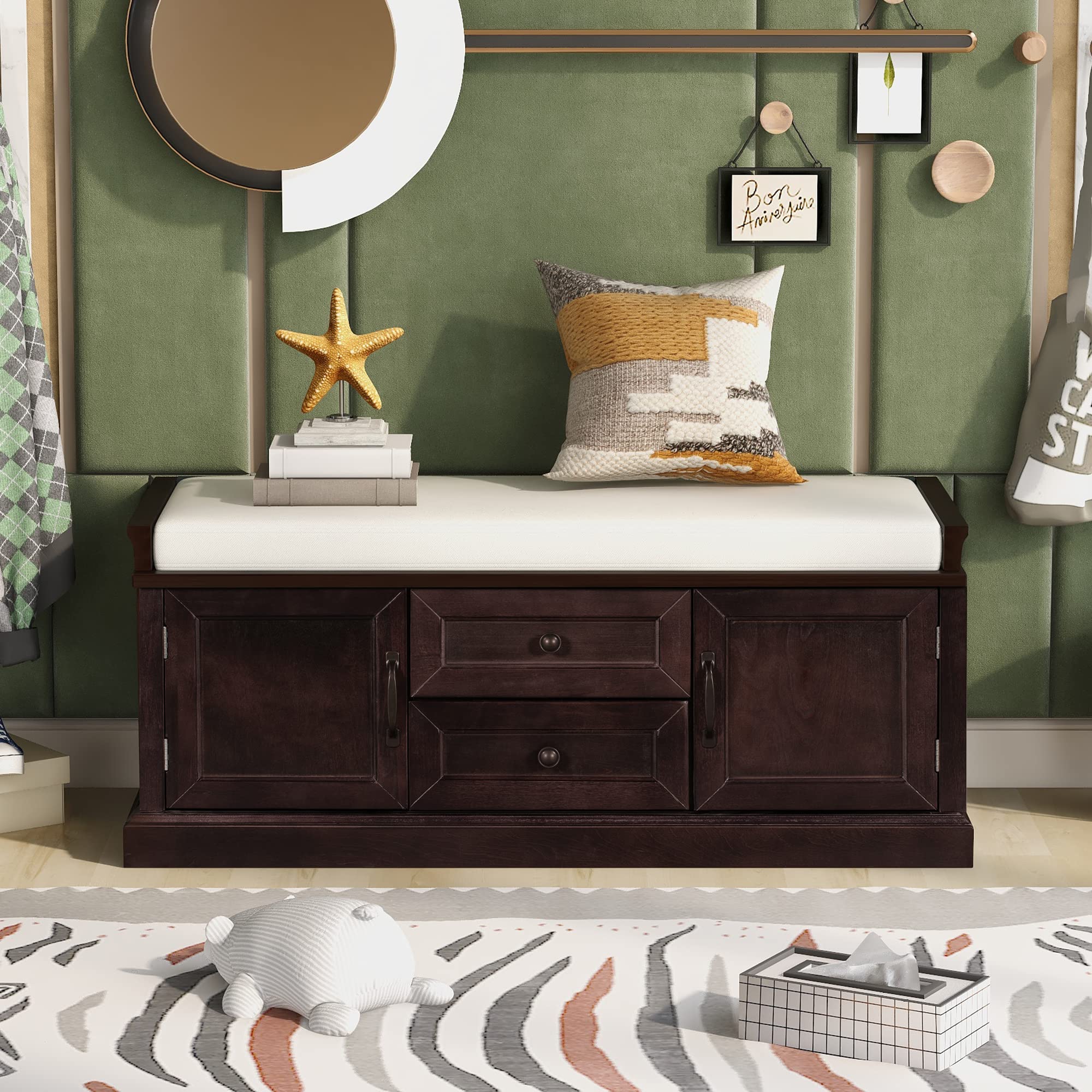 Rustic Wood Storage Bench with 2 Cabinets & 2 Drawers - Entryway Shoe Bench with Removable Cushion for Bedroom, Hallway, Living Room - Easy Assembly Required | Perfect for Organizing Shoes, Hats & Home Decor in Small Spaces