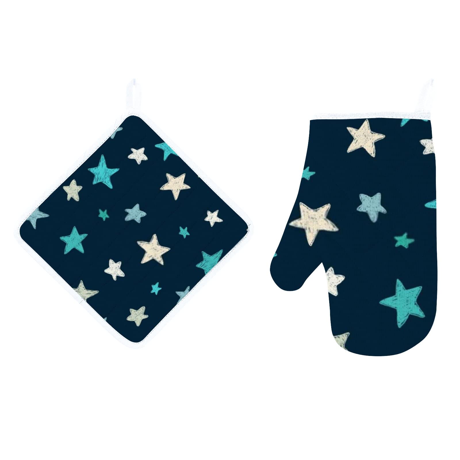 ZHI MI Heat Resistant Oven Mitts and Pot Holders Set - 2 Piece Doodle Stars Design in Blue, Gray & White - Scandinavian Style Kitchen Gloves with Soft Cotton Lining & Non-Slip Surface - Perfect for Cooking, Baking, Grilling & BBQ - Ideal for Home Chefs & Holiday Gifts