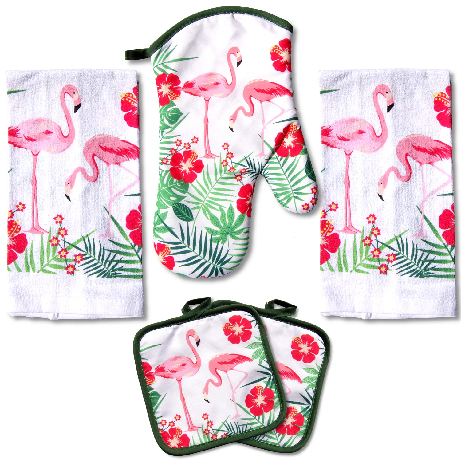 Lobyn 5-Piece Tropical Kitchen Towel Set with Pink Flamingos - 2 Decorative Dish Towels, 1 Oven Mitt & 2 Potholders - Soft & Absorbent for Cooking, Baking & Kitchen Decor