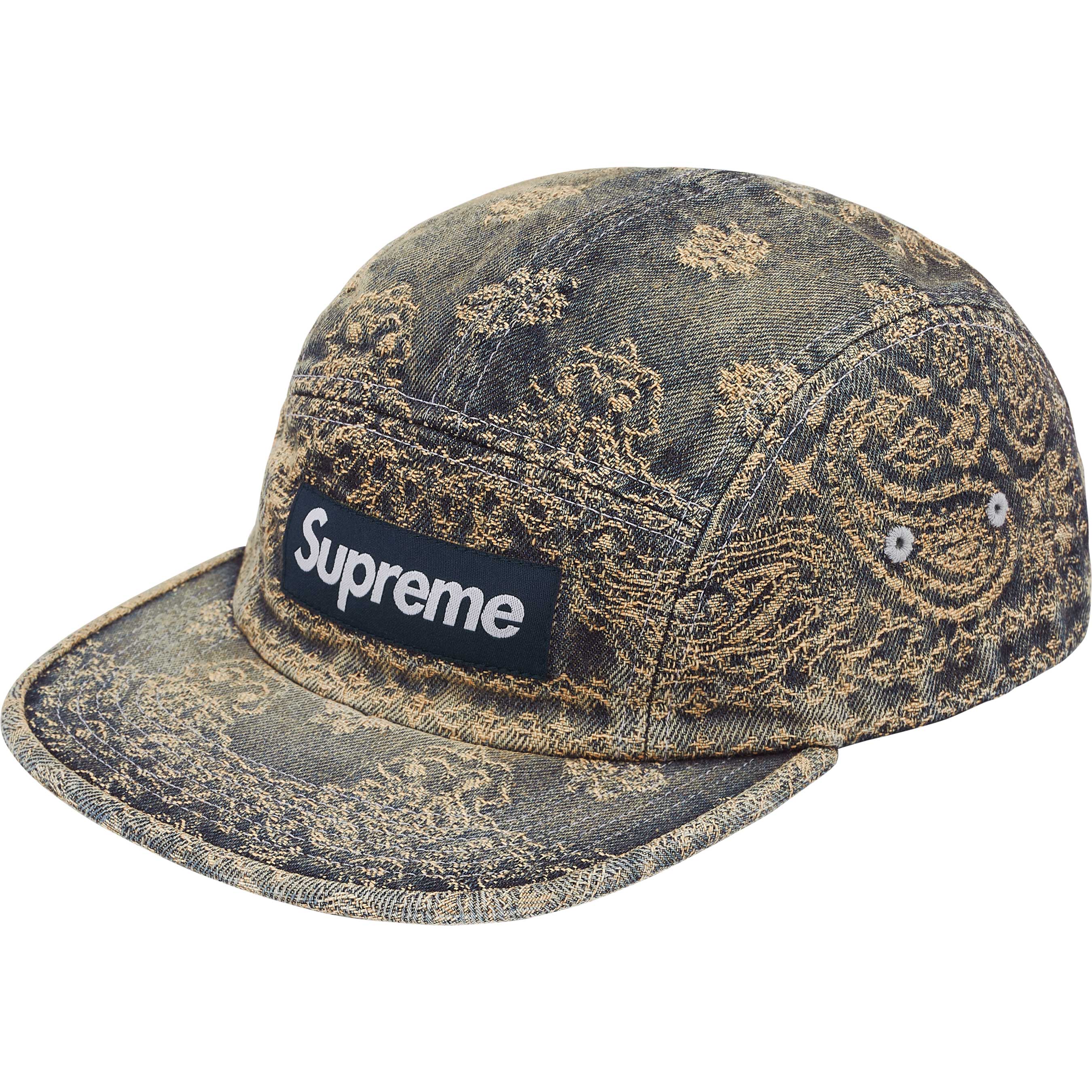 Supreme Jacquard Denim Camp Cap - Indigo Bandana Print Snapback Hat for Streetwear & Outdoor Adventures