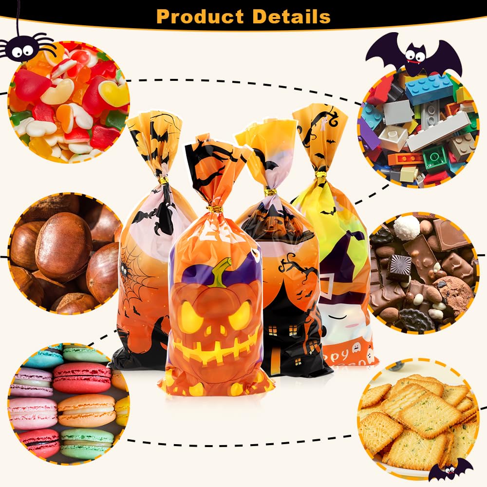 Halloween Treat Bags 100 Pack - Premium Cellophane Candy Bags with Twist Ties for Trick or Treat, Halloween Party Favors, Holiday Gifts & Goodie Bags - Perfect for Classroom Treats, Neighborhood Halloween Events & Candy Distribution