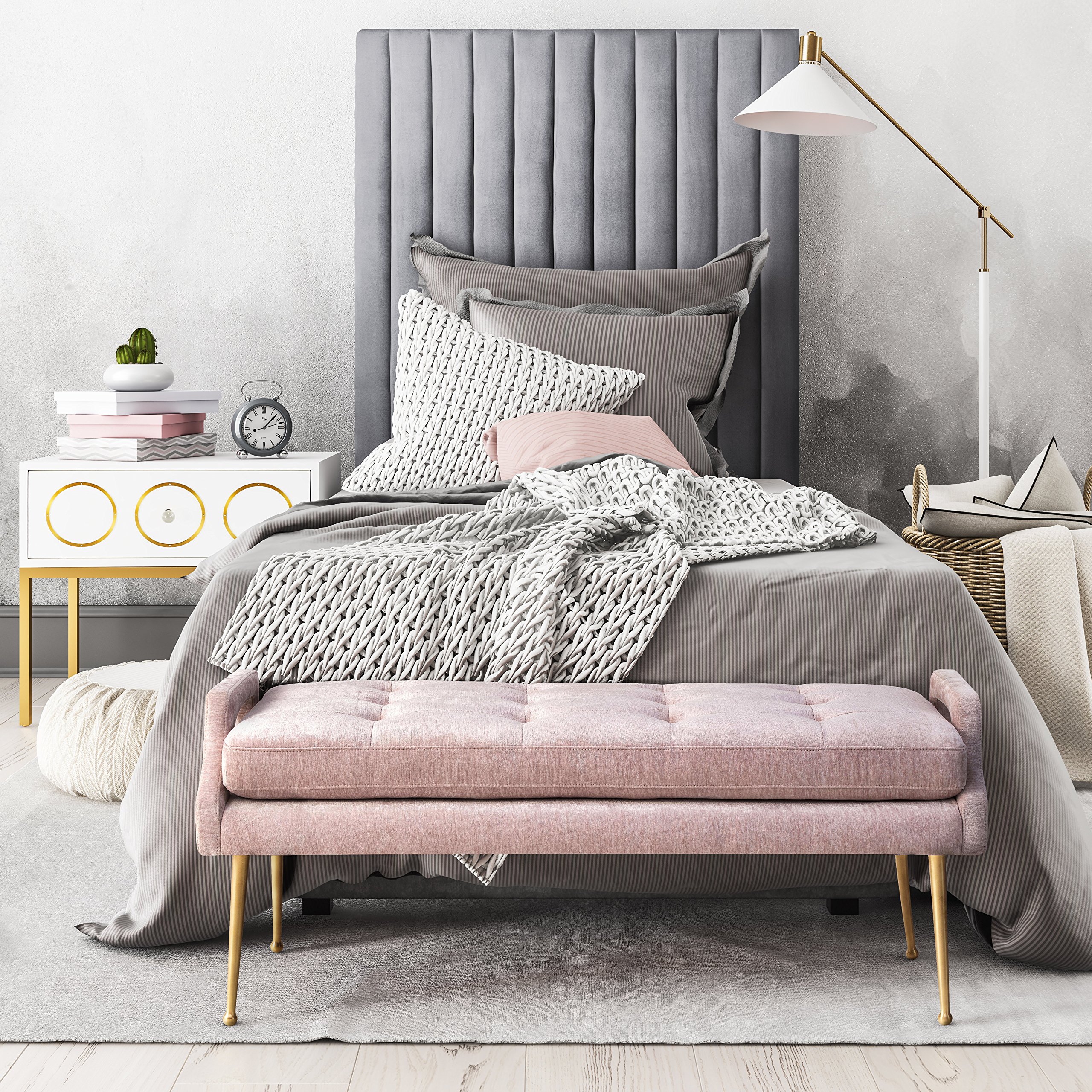 TOV Furniture Eileen Collection Modern Velvet Upholstered Bench with Solid Wood Legs in Blush Pink - Perfect for Bedroom, Living Room & Entryway Seating