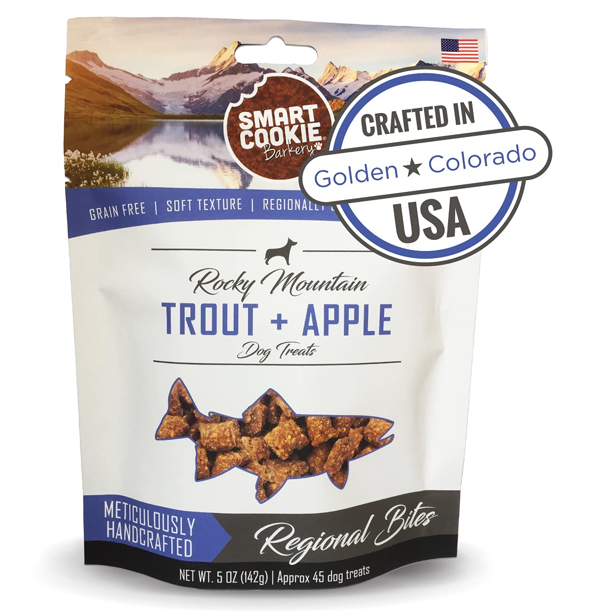 Smart Cookie All Natural Soft Dog Treats - Trout & Apple Flavor - Healthy Grain-Free Chewy Dog Snacks for Allergies & Sensitive Stomachs - Human-Grade USA Made - 5oz Bag - Perfect for Training Rewards & Digestive Health