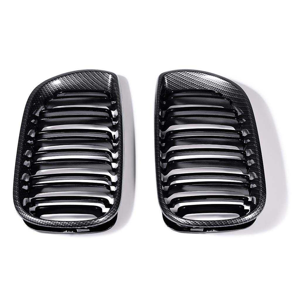 Glossy Black Carbon Fiber Front Hood Dual Slats Kidney Grille for BMW E46 4-Door Sedan (2002-2004) - LH RH Compatible - Upgrade Your Car's Style for Street Racing & Show Car Events
