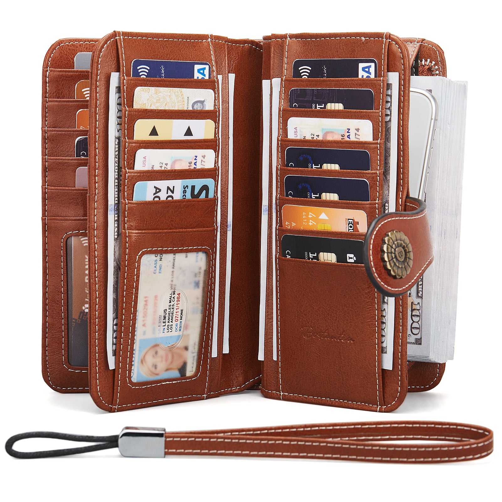 Lomy Big Wallet for Women with Wristlet - Large Capacity RFID Blocking Leather Wallet for Travel, Shopping & Everyday Use