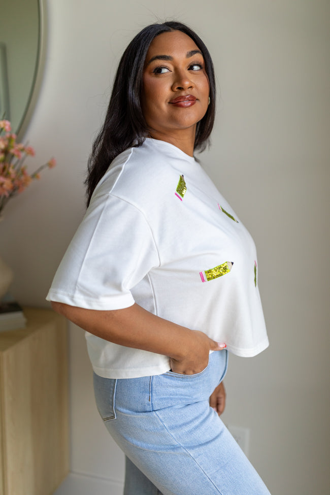 Study Break Green Pencil Patch Ivory Tee - Soft Cotton Graphic T-Shirt for Students & Teachers | Perfect for School, Campus Life & Casual Wear