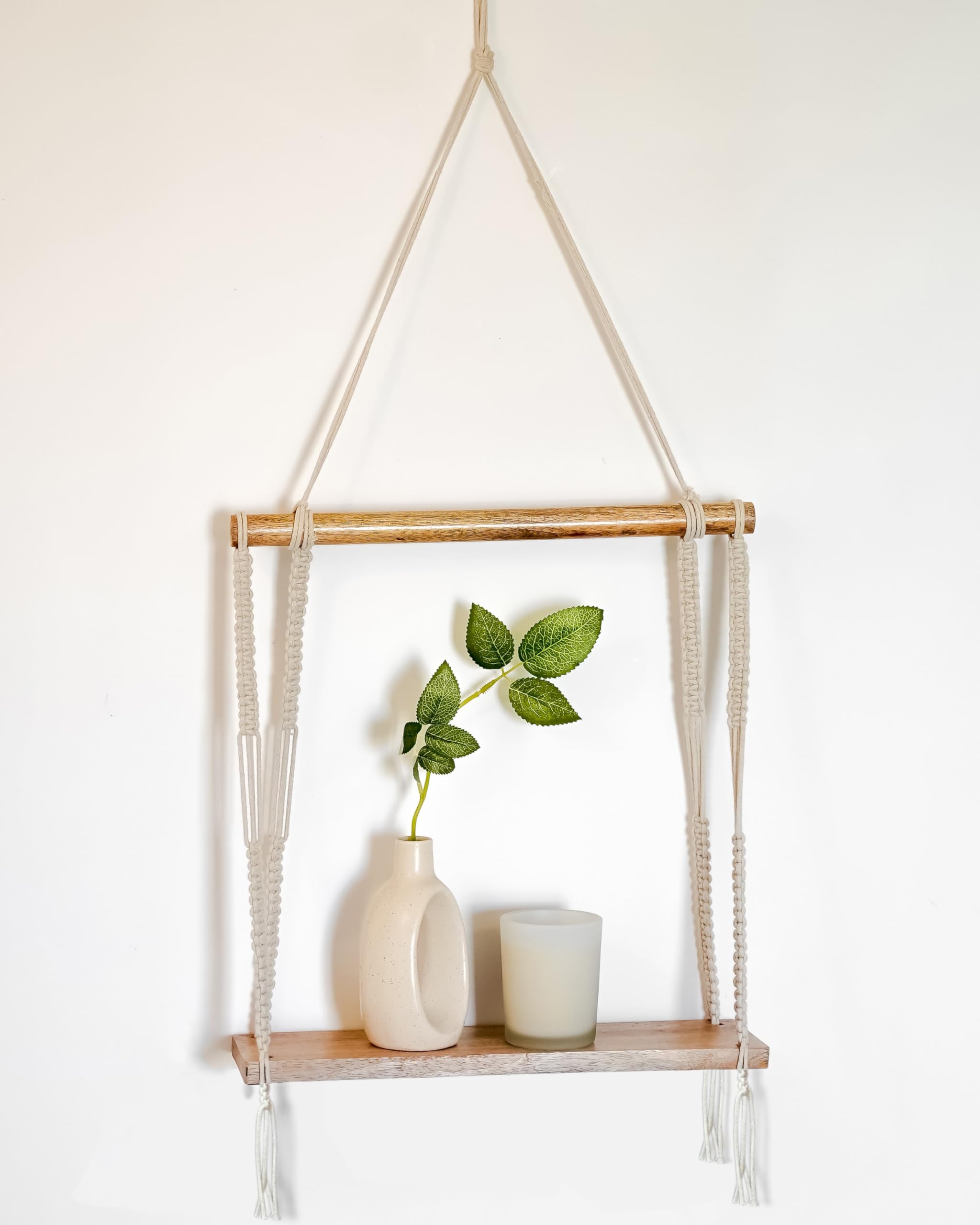 UHUD CRAFTS Macrame Wall Hanging Shelf - Handmade Wooden Floating Shelf for Home Decor, Wall Mounted Plant Display Shelf - Perfect for Bedroom, Living Room & Boho Style Interior Design