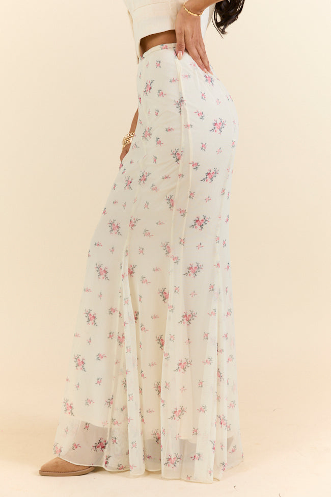 Floral Echo Ivory and Pink Knit Maxi Skirt for Women - Boho Chic Long Skirt with Floral Pattern, Perfect for Beach, Vacation & Summer Outfits