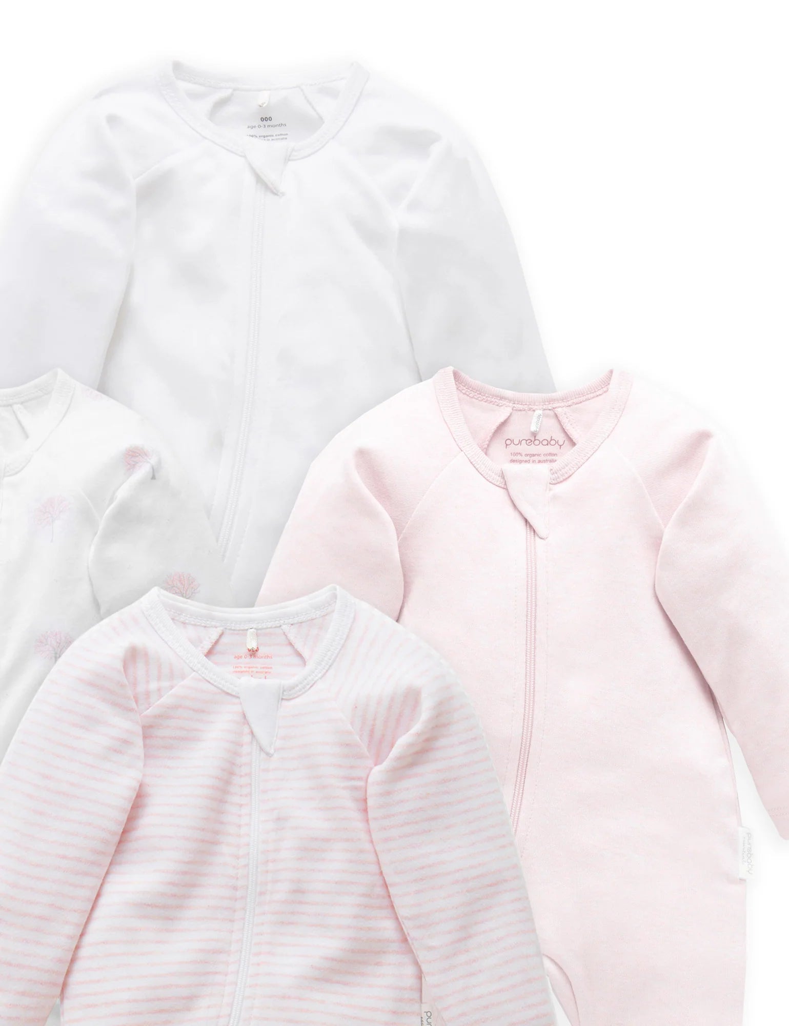 Purebaby Organic Cotton Zip Growsuit 4-Pack - Soft Baby Bodysuit for Newborns & Infants | Perfect for Sleepwear, Playtime & Everyday Comfort (Pink)