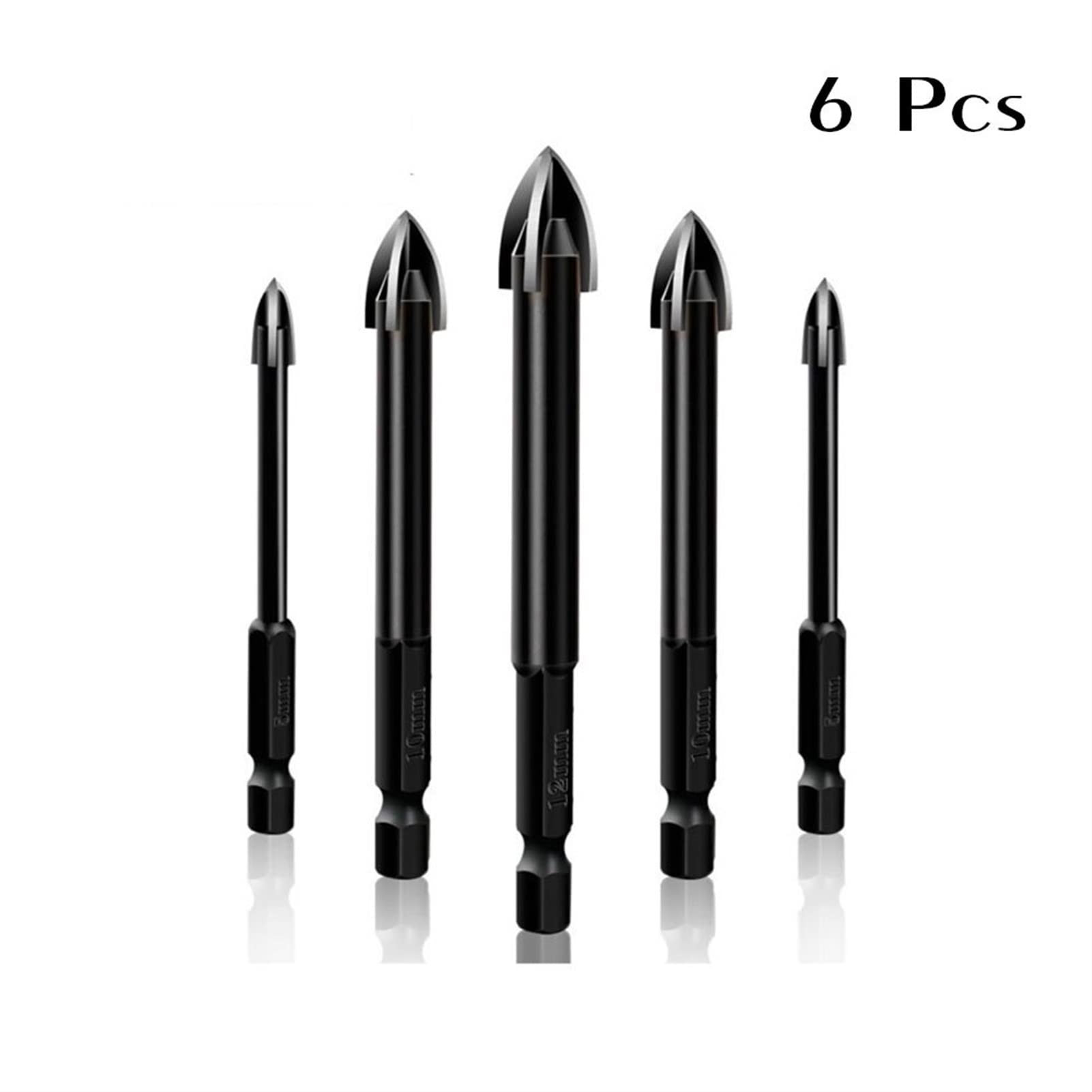DOLUNTO 6Pcs Tungsten Steel Glass Drill Bit Set - Alloy Carbide Point with 4 Cutting Edges - Cross Spear Head for Tile, Glass, Ceramic, and Porcelain Drilling - Perfect for DIY Home Improvement and Craft Projects