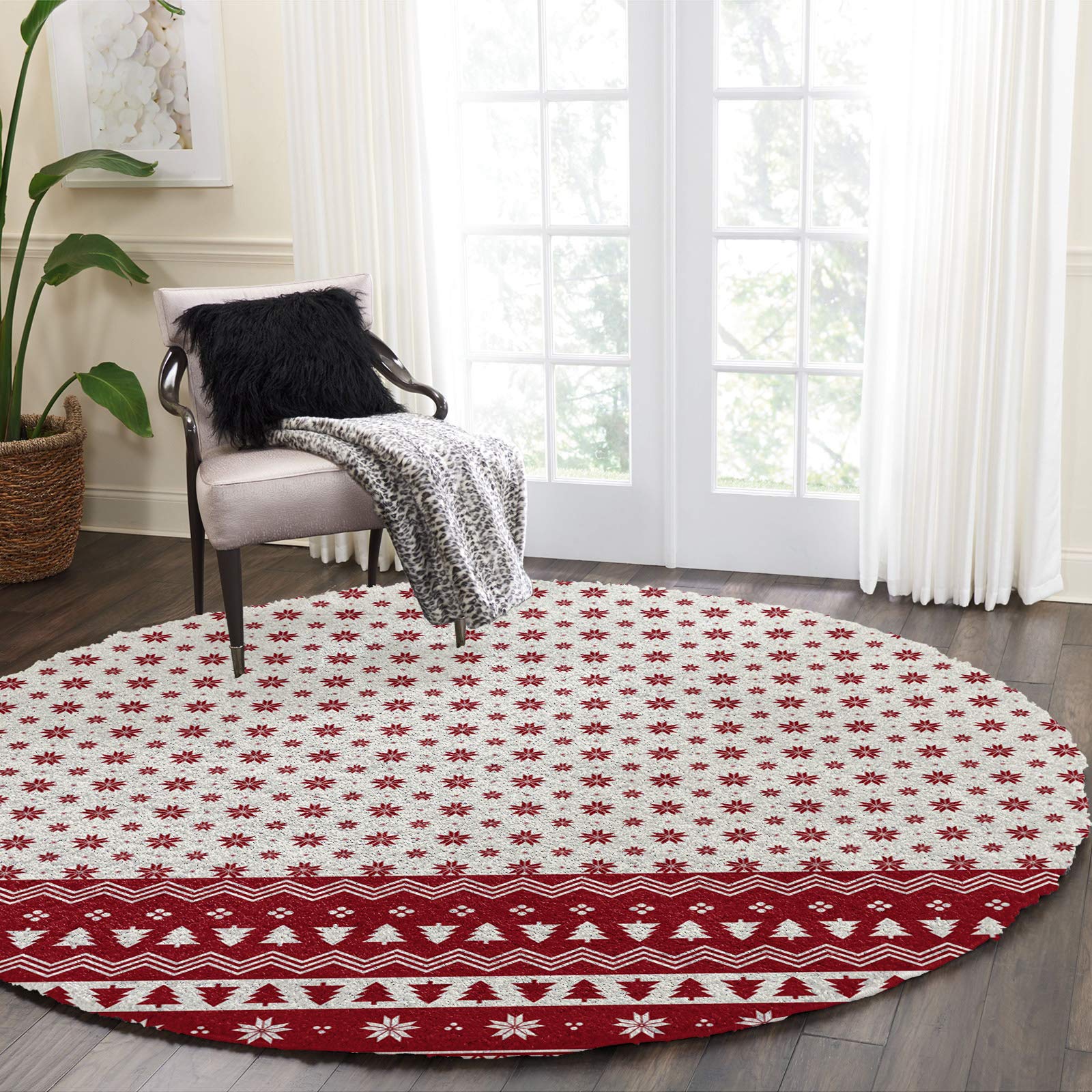 3ft Soft Round Shag Area Rug - Non-Slip Washable Circle Throw Mat with Christmas Snowflakes & Tree Pattern for Bedroom, Living Room, Nursery - Retro Tribal Geometric Design Carpet for Cozy Home Decor