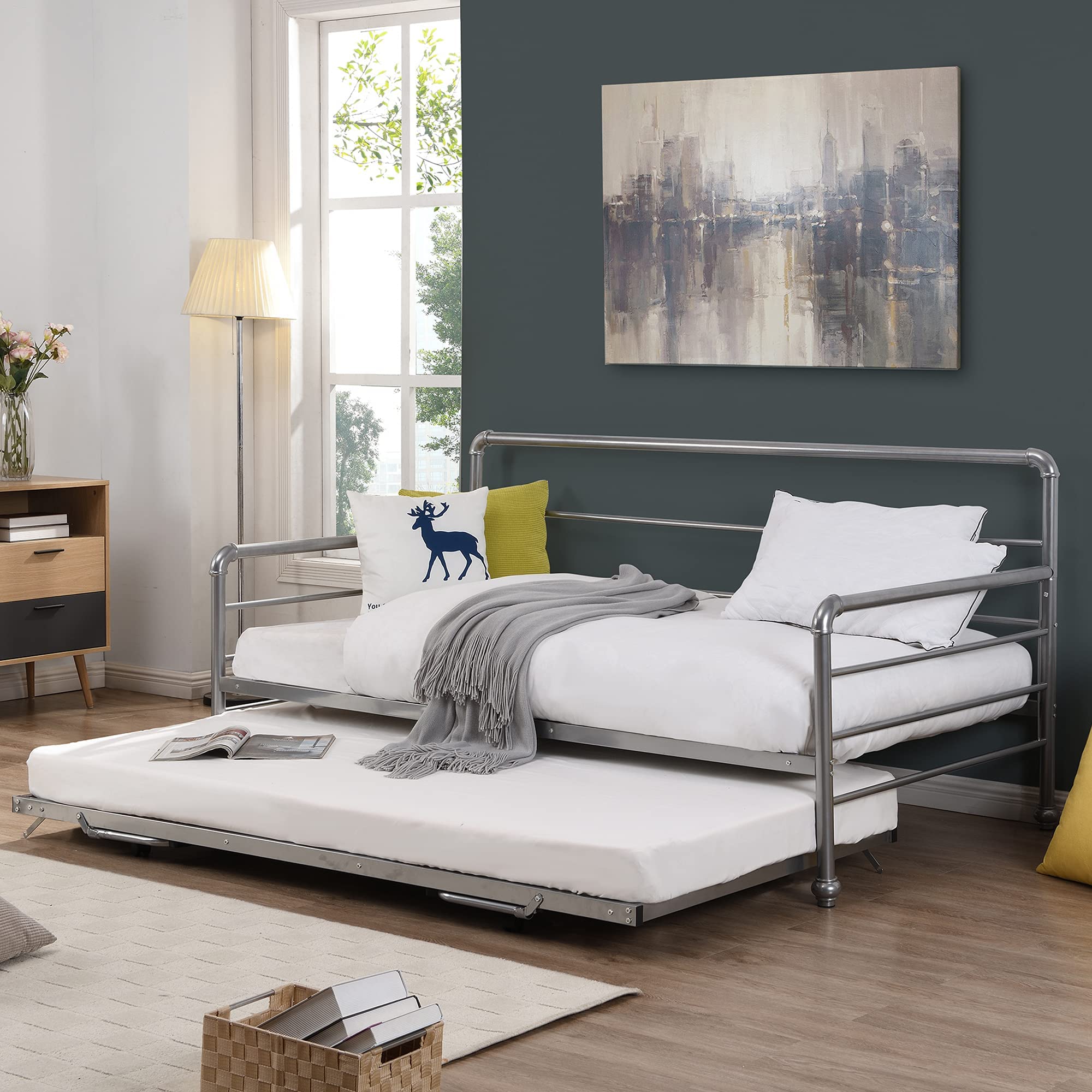 P PURLOVE Twin Size Metal Daybed with Adjustable Trundle - Space Saving Guest Bed with Pop Up Trundle, No Box Spring Needed, Silver Finish - Perfect for Small Bedrooms, Dorm Rooms & Home Offices