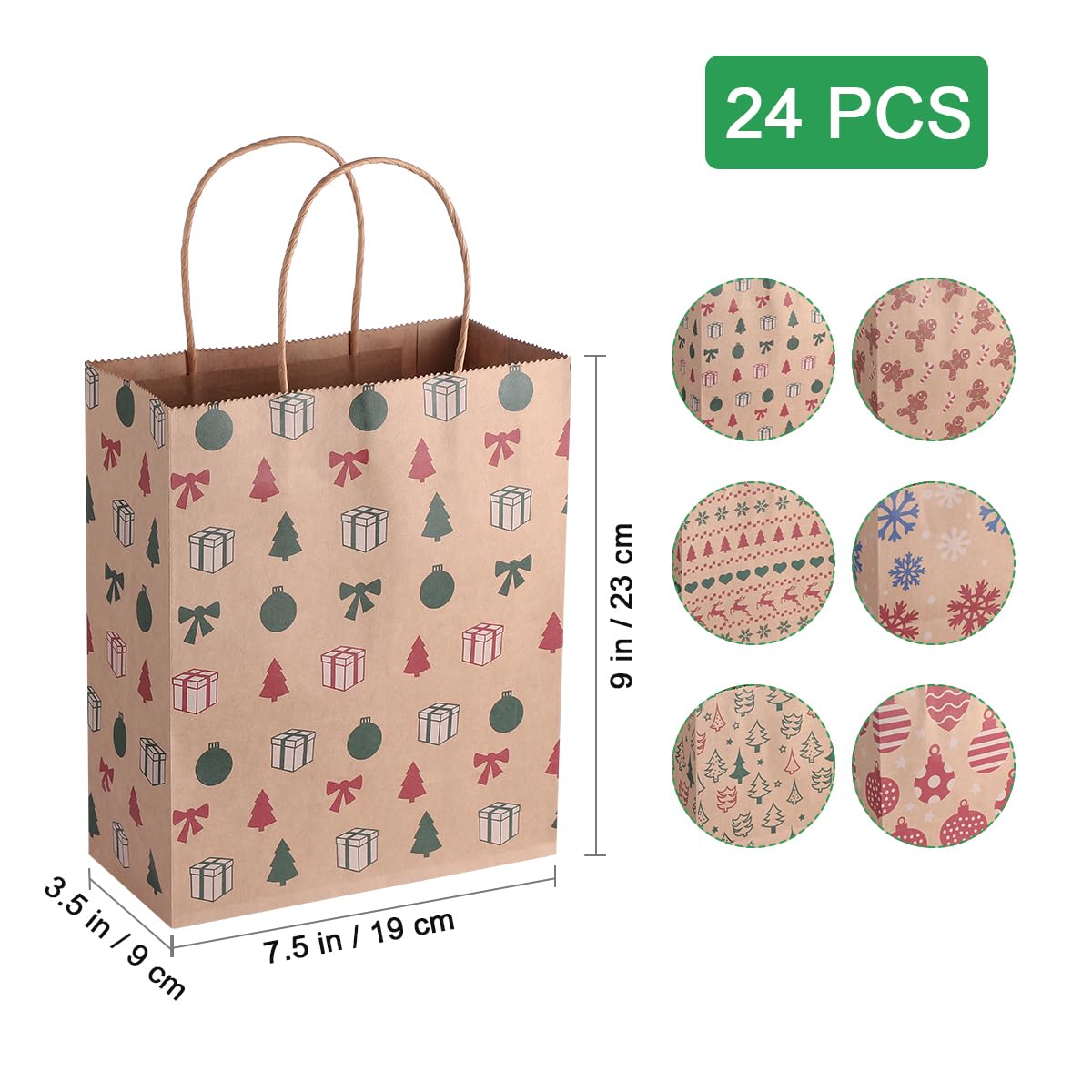 24pcs Christmas Kraft Gift Bags with 6 Festive Patterns - Eco-Friendly Holiday Paper Pouches for Party Favors, Candy, Gifts | Perfect for Christmas Parties, Office Exchanges & Festive Decorations