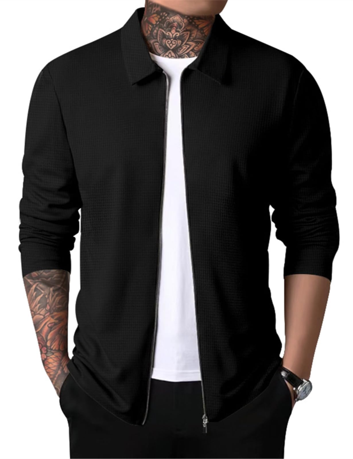 PICKLION Men's Casual Cardigan Sweater - Laydown Collar, Zipper Front, Solid Color Long Sleeve Waffle Knit Jacket | Perfect for Office, Date Night & Fall Layering