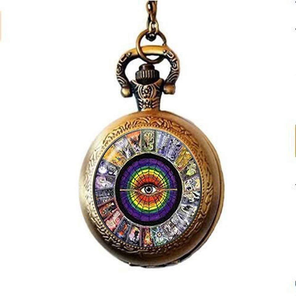 Vintage Tarot Card Pocket Watch Necklace - Zodiac & Eye Jewelry - Glass Art Photo Pendant - Magician & Mystic Jewelry for Spiritual Healing & Meditation