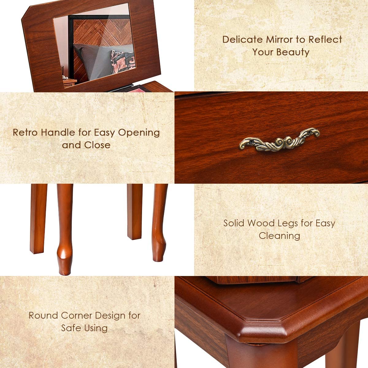 Wooden Jewelry Storage Chest with Flip Top Mirror - Standing Jewelry Armoire Cabinet with 4 Drawers, 2 Side Doors & 6 Necklace Hooks | Jewelry Organizer for Women | Perfect Gift for Her | Bedroom, Dressing Room & Closet Organization