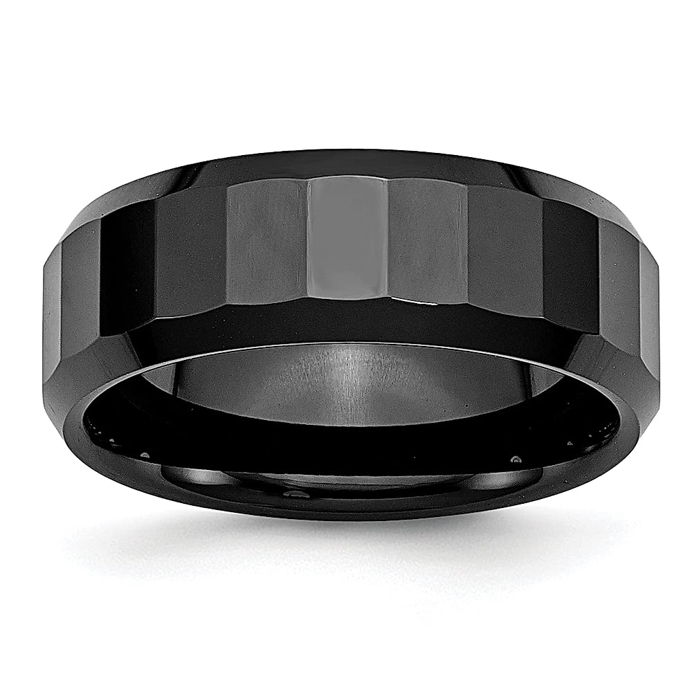 ICE CARATS 8mm Black Ceramic Wedding Band for Women - Faceted Beveled Edge Fashion Ring, Elegant Jewelry Gift for Her | Perfect for Anniversaries, Engagements & Special Occasions