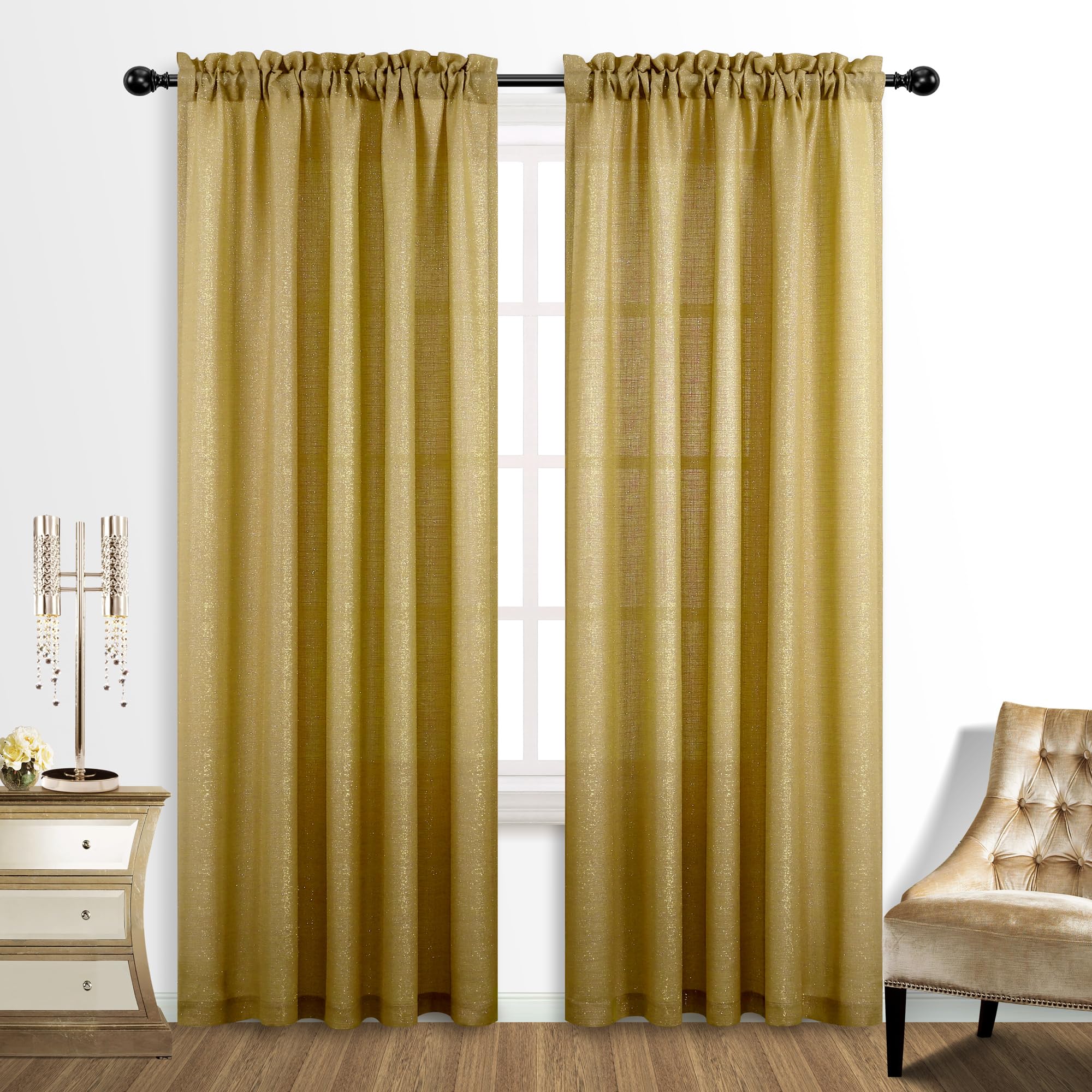 Luxury Gold Glitter Window Curtains Set of 2 - 52x95 Inch Rod Pocket Drapes for Living Room & Bedroom - Sparkle Shimmer Bling Brown Curtain Panels for Home Decor, Wedding Backdrop & Photo Shoot Background
