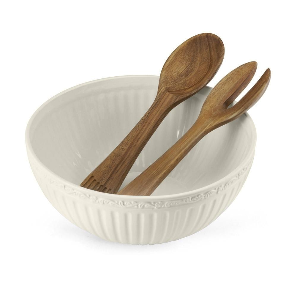 Italian Countryside® Ceramic Salad Bowl Set with Wooden Serving Utensils - Perfect for Dinner Parties, Picnics & Family Gatherings