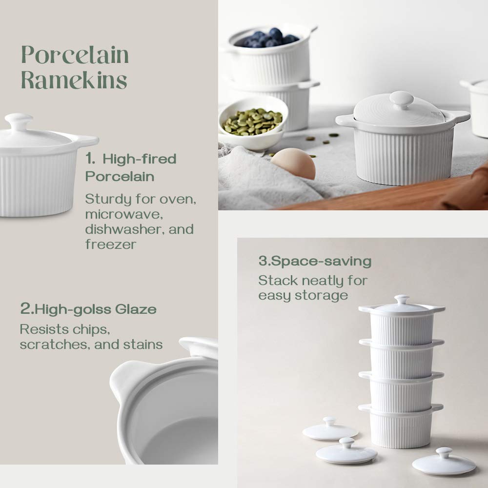DOWAN 7oz Porcelain Ramekins with Lids - Oven Safe for Baking, Souffle & Soup - Set of 4 White
