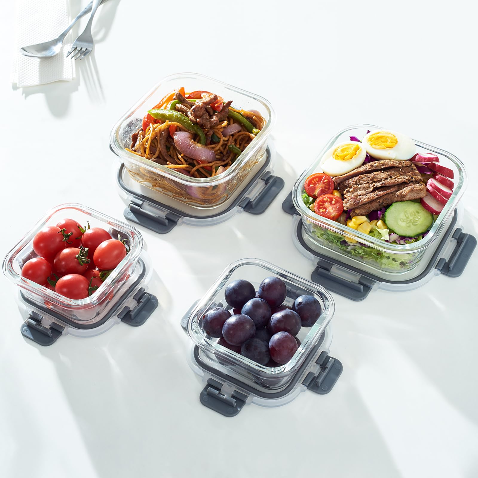 Premium 4-Pack Glass Food Storage Containers with Airtight Lids - Shatterproof & Leakproof for Oven, Microwave & Dishwasher Safe - Ideal for Meal Prep, Leftovers & Pantry Organization (Grey)
