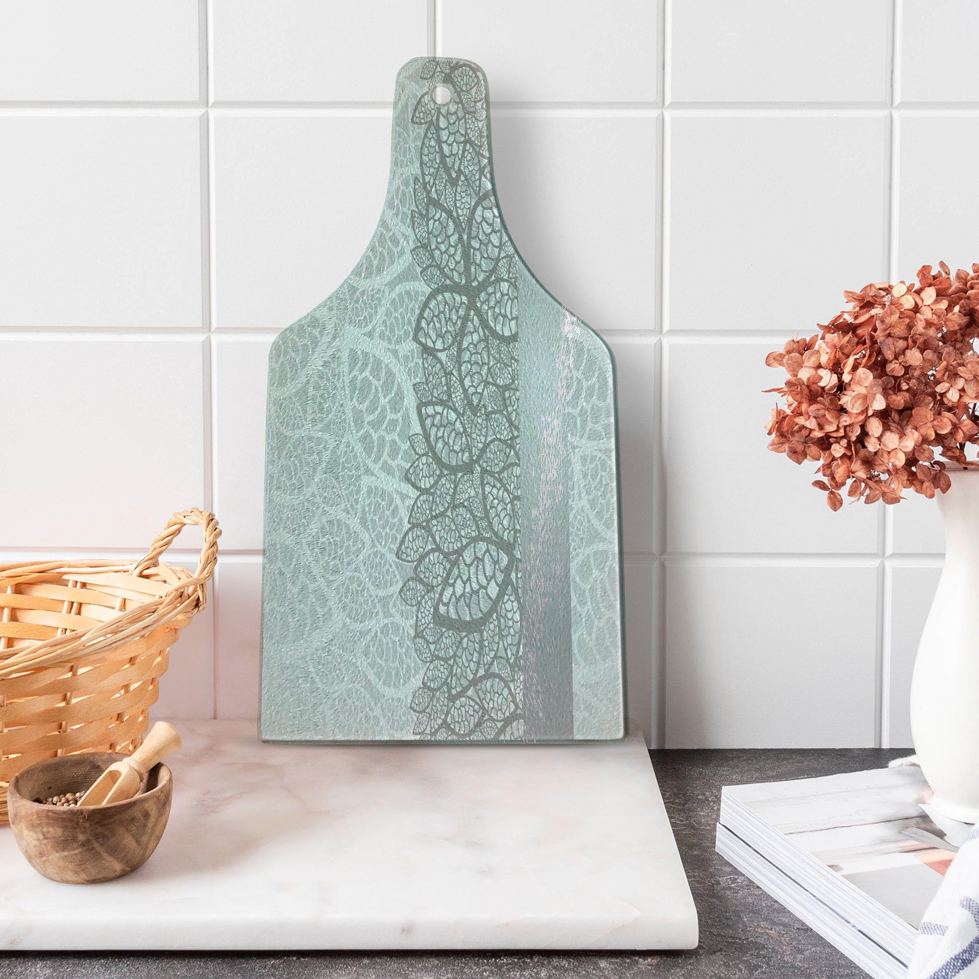 Ambesonne Grey Tempered Glass Cutting Board - Lace Flower & Stylized Leaves Design - Decorative Serving Board for Kitchen, Wedding, Bridal Shower - Wine Bottle Shape in Pale Grey & White - Perfect for Cheese, Charcuterie & Wine Pairing