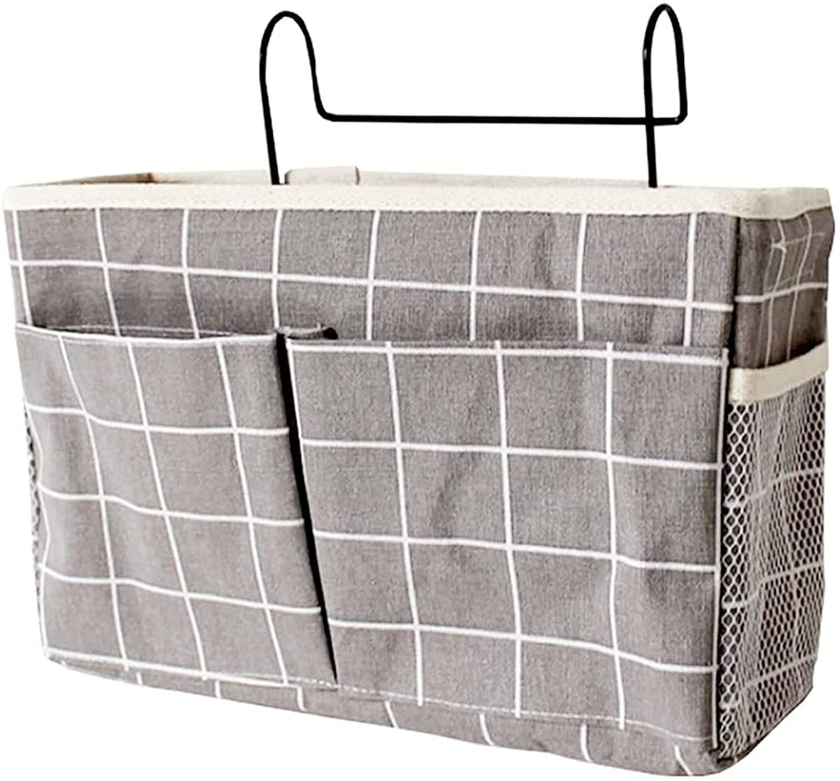Bedside Storage Pocket Organizer - Hanging Storage Basket with Hook for Bed, Dorm, Office & School - Grey Grid - Perfect for Books, Phones & Essentials