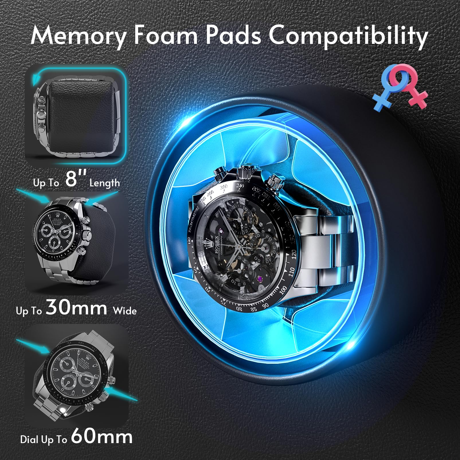 Premium Automatic Watch Winder for Men - 4/6 Slot Mabuchi Motor with 6 Extra Storage, Serenity Blue LED Backlight, Genuine Leather Case & Soft Velvet Interior | Open Lid Stop Technology & 4 Rotation Modes | Perfect for Watch Collectors, Travel & Nightstand Display
