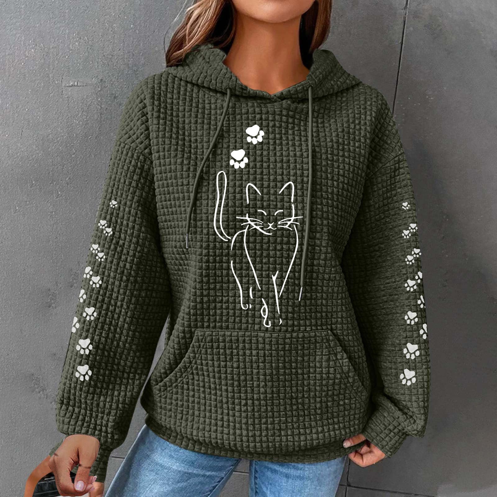 2024 Trendy Waffle Knit Hoodie for Women - Cute Cat Graphic Oversized Pullover with Drawstring Long Sleeve Sweatshirt | Casual Loungewear, Streetwear Fashion & Winter Layering Essential