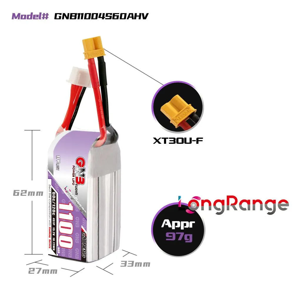 High-Performance Gaoneng GNB 1100mAh 4S 15.2V 60C/120C LiHV Lipo Battery with XT30 Plug - Perfect for FPV Racing Drones, RC Quadcopters, Helicopters & RC Parts - Ideal for Long Flight Time and High-Speed Racing