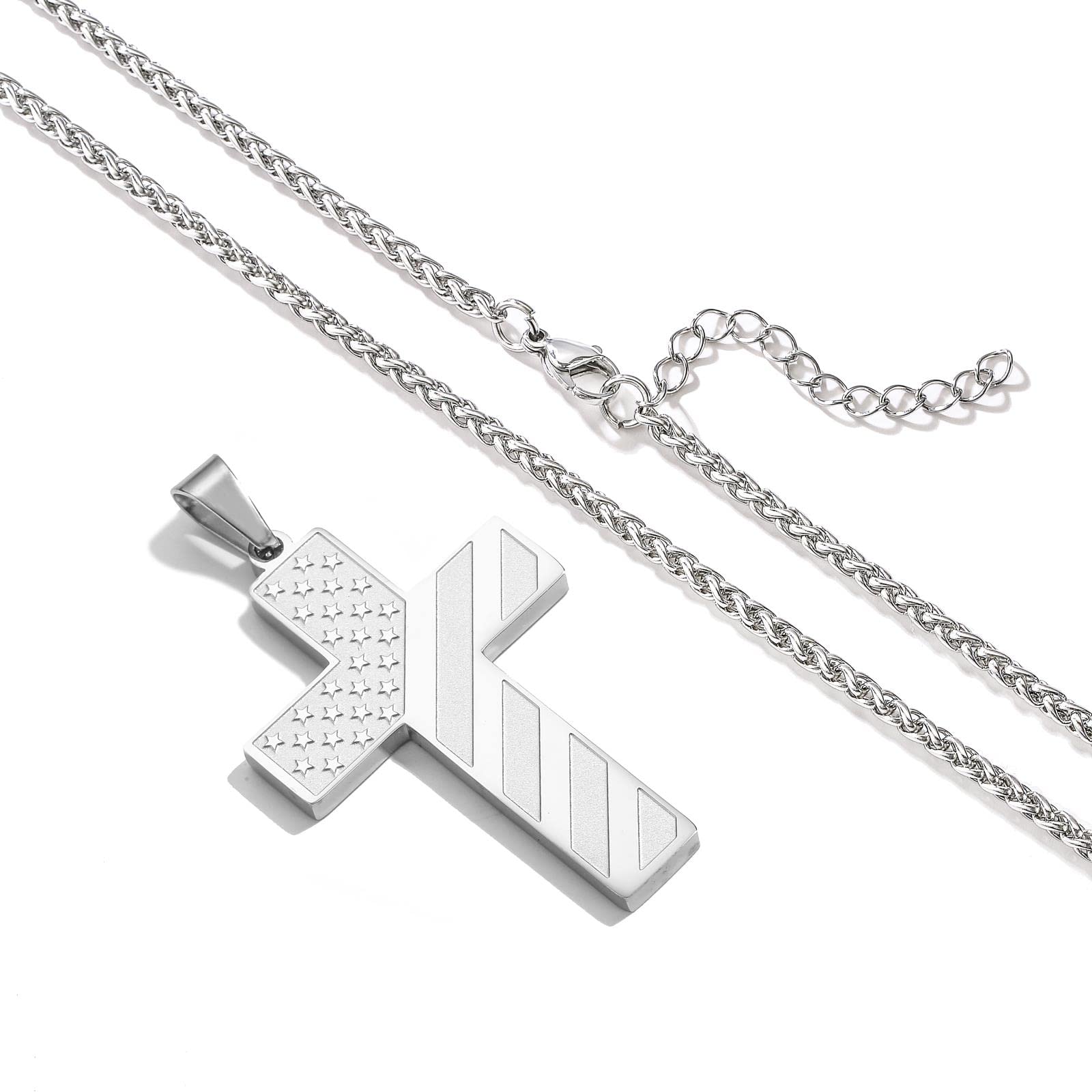 18+2 Inch Stainless Steel Cross Necklace with Bible Verse & American Flag Pendant - Religious Jewelry Gift for Men, Boys, Teens - Perfect for Easter, Graduation, Daily Wear & Special Occasions