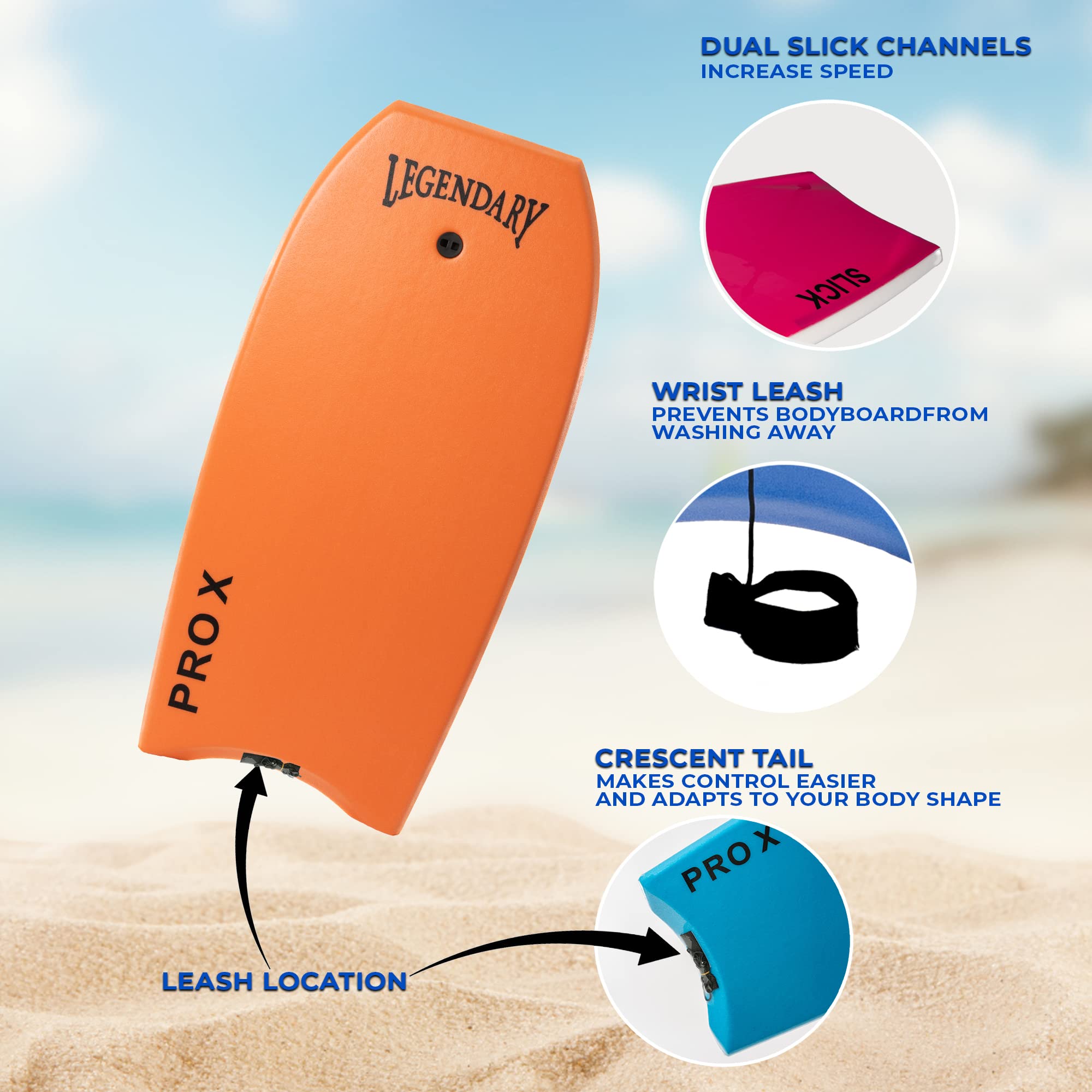 Legendary Pro X Bodyboard for Beach - High Performance Boogie Board with Hard Slick Bottom for Kids & Adults | EPS Core & Heat Sealed Technology | Includes Leash | Perfect for Wave Riding, Surfing & Water Sports