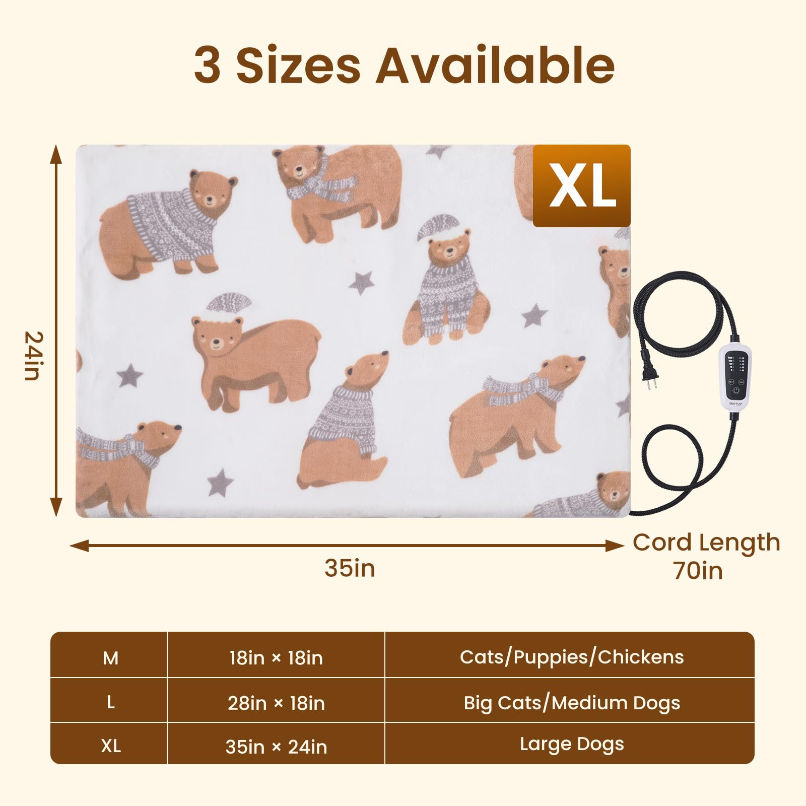 Bearhug Pet Heating Pad 35x24 Inch - Adjustable Temperature Heated Bed for Dogs & Cats with Waterproof Cover - Perfect for Winter Warmth & Arthritis Relief